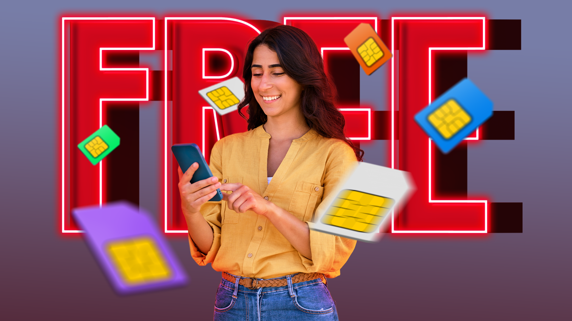 A smiling woman using her smartphone, surrounded by floating SIM cards, with a large red neon 'FREE' sign glowing in the background.