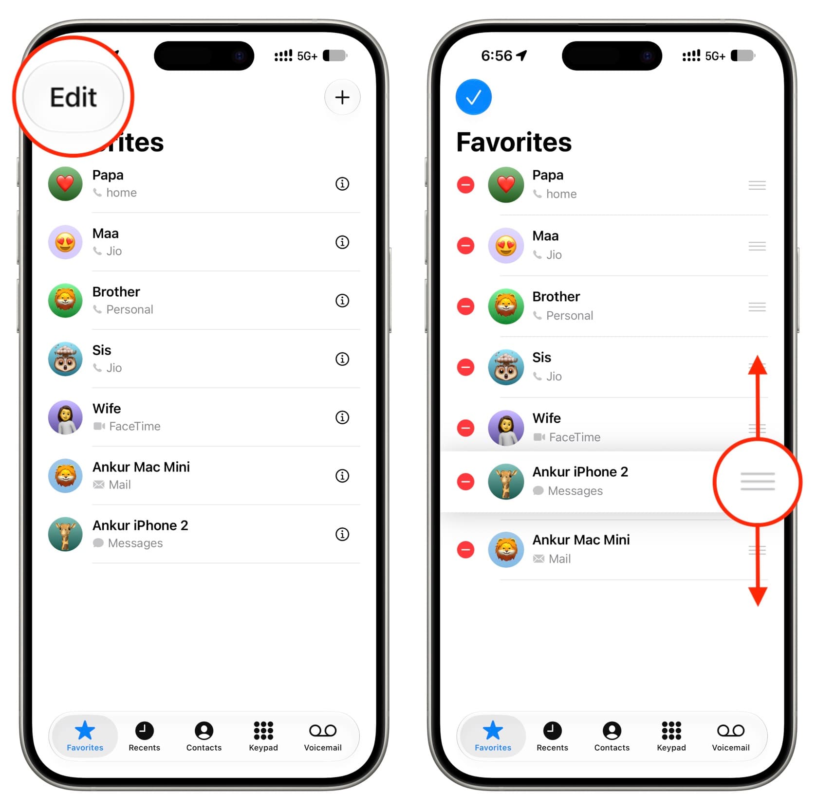 Change order of favorite contacts in Classic Phone app layout on iPhone