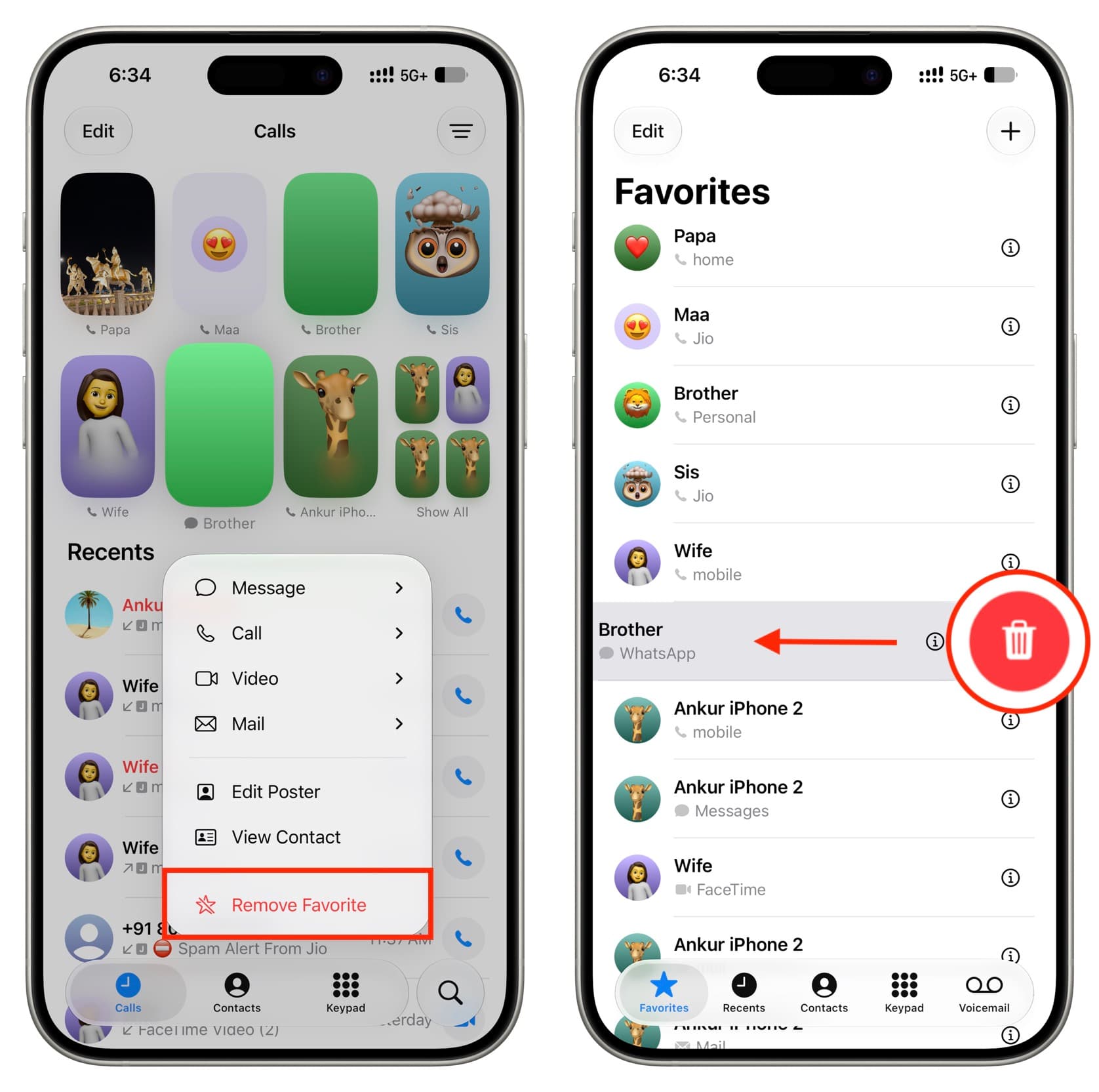 Removing a favorite contact on iPhone