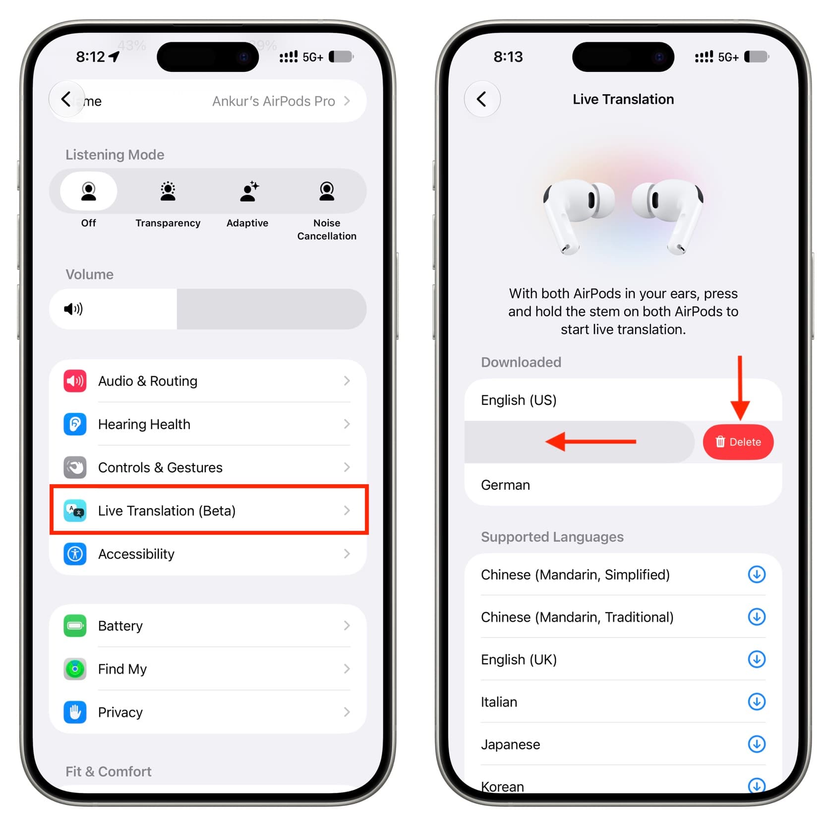 Deleting downloaded translation file from iOS AirPods Settings