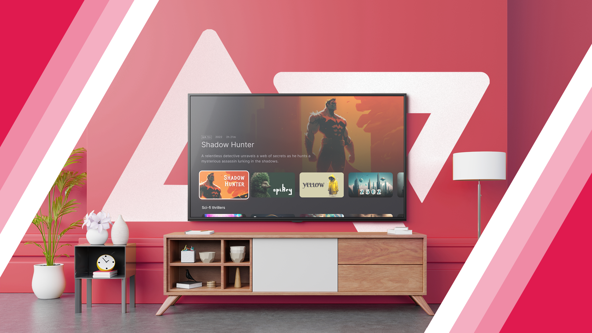 A living room with a TV mounted above a cabinet, showing a modern interface.