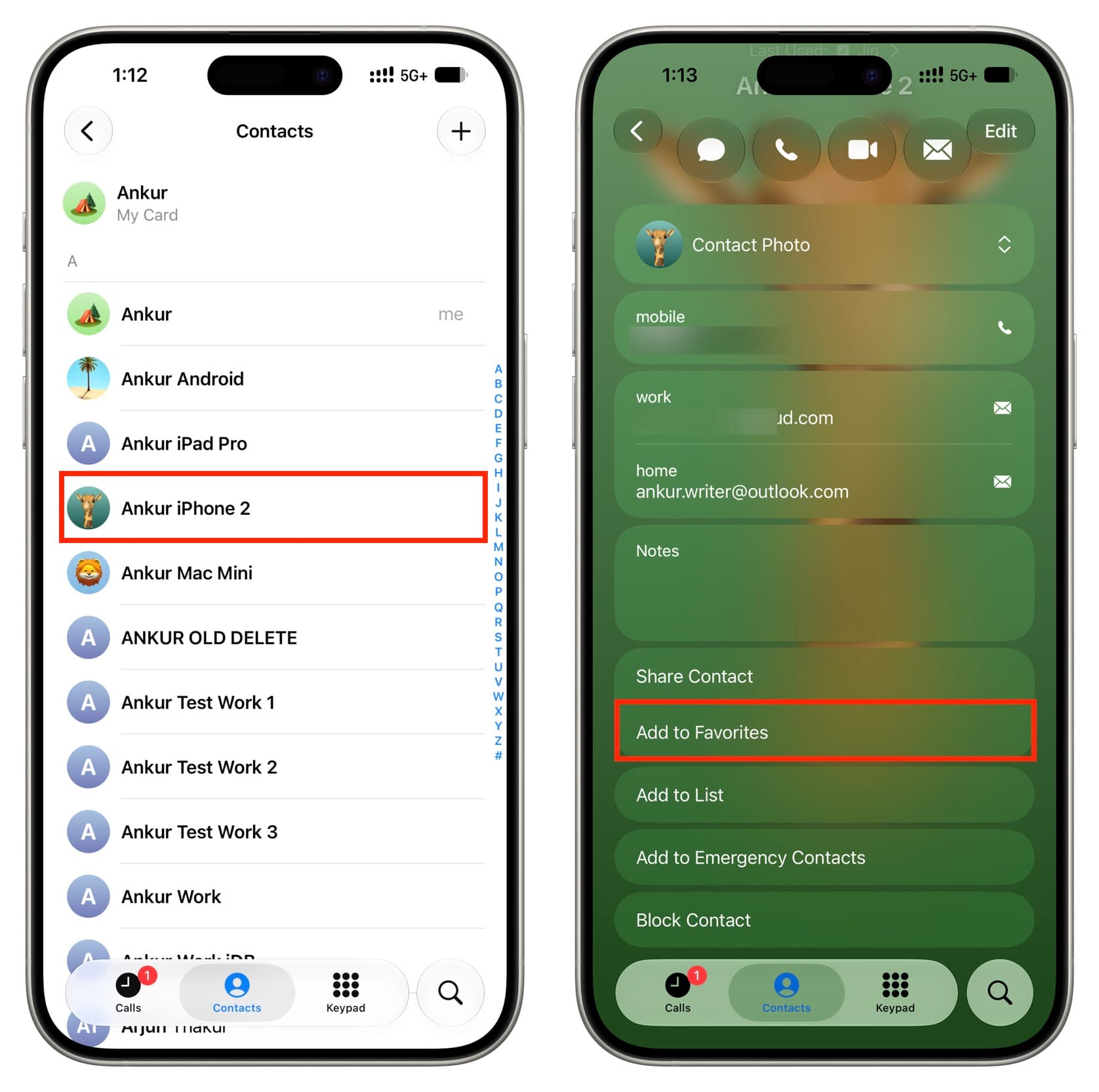 Add to Favorites for a contact on iPhone
