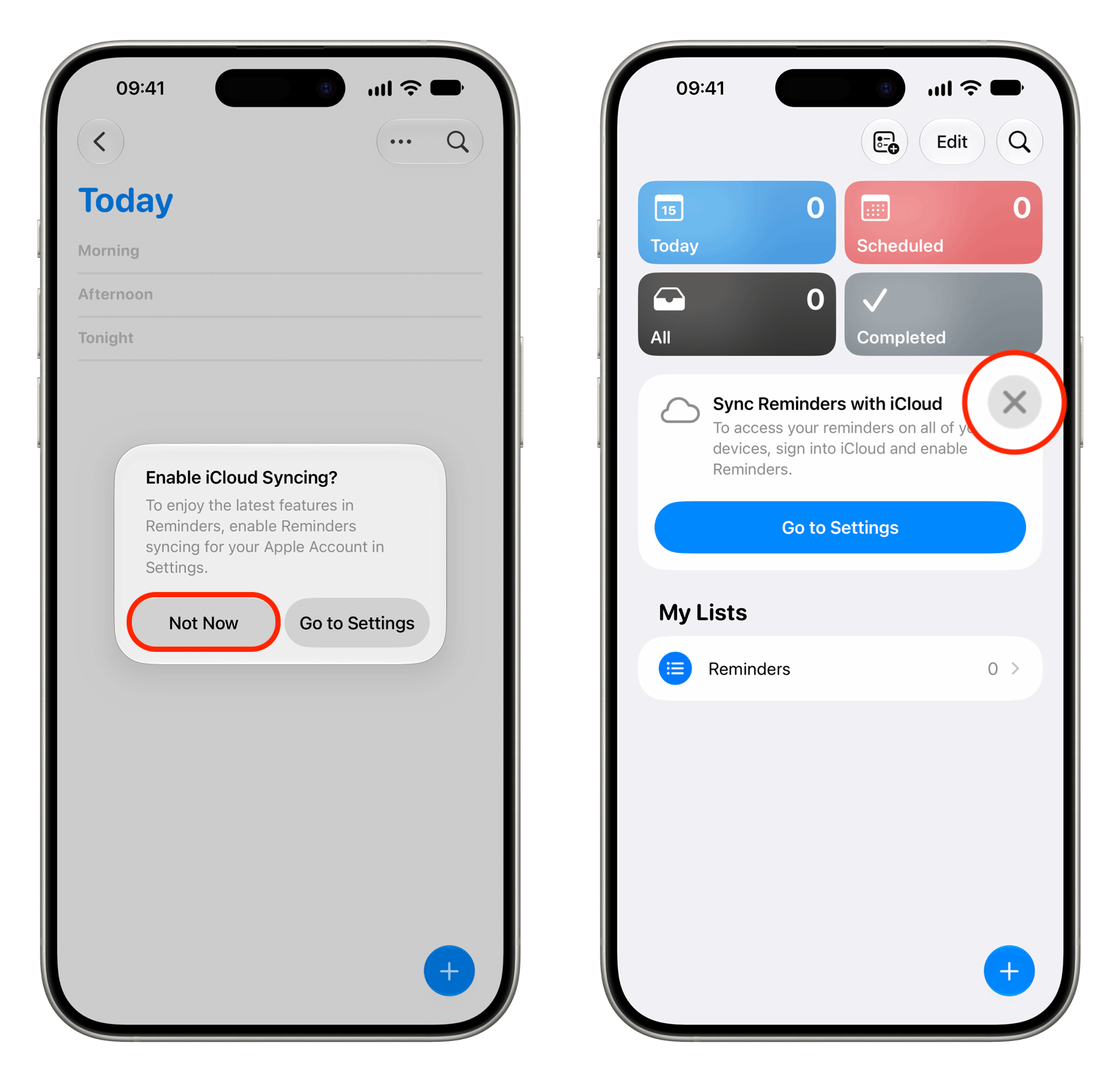 Dismiss prompts to enable iCloud sync in iOS Reminders app