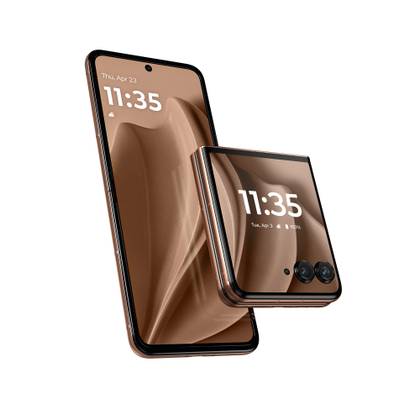 The Moto Razr Ultra's wood back, with the clamshell closed.