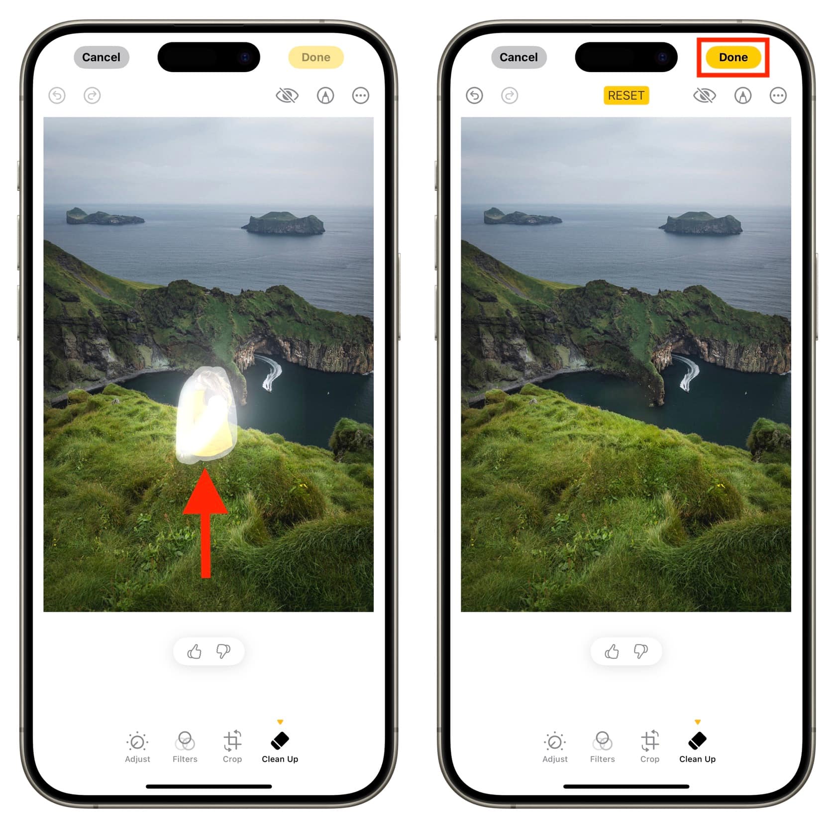 Object removed from a photo using Apple Intelligence Clean Up tool on iPhone