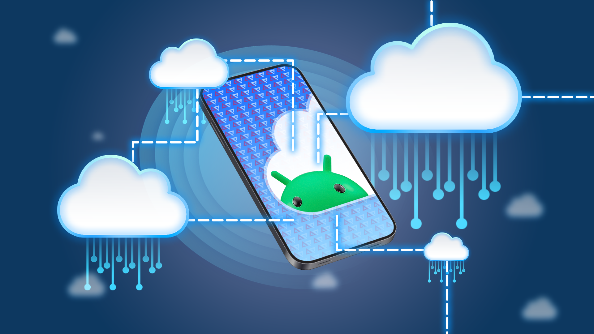 An Android phone with several cloud icons connected around it.