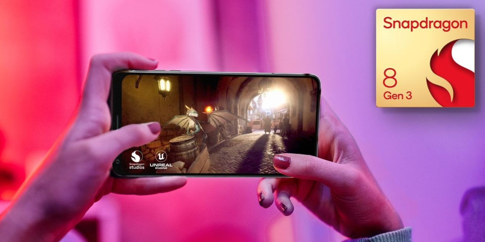 hands holding phone in landscape mode with purple background and snapdragon 8 gen 3 logo superimposed in the corner