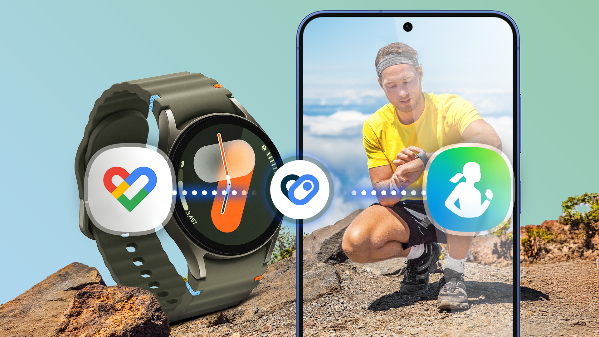 A Samsung Galaxy displaying a man on top of a mountain, a Galaxy Watch beside it, and in the foreground, the Health Connect logo linking the Google Fit and Samsung Health logos