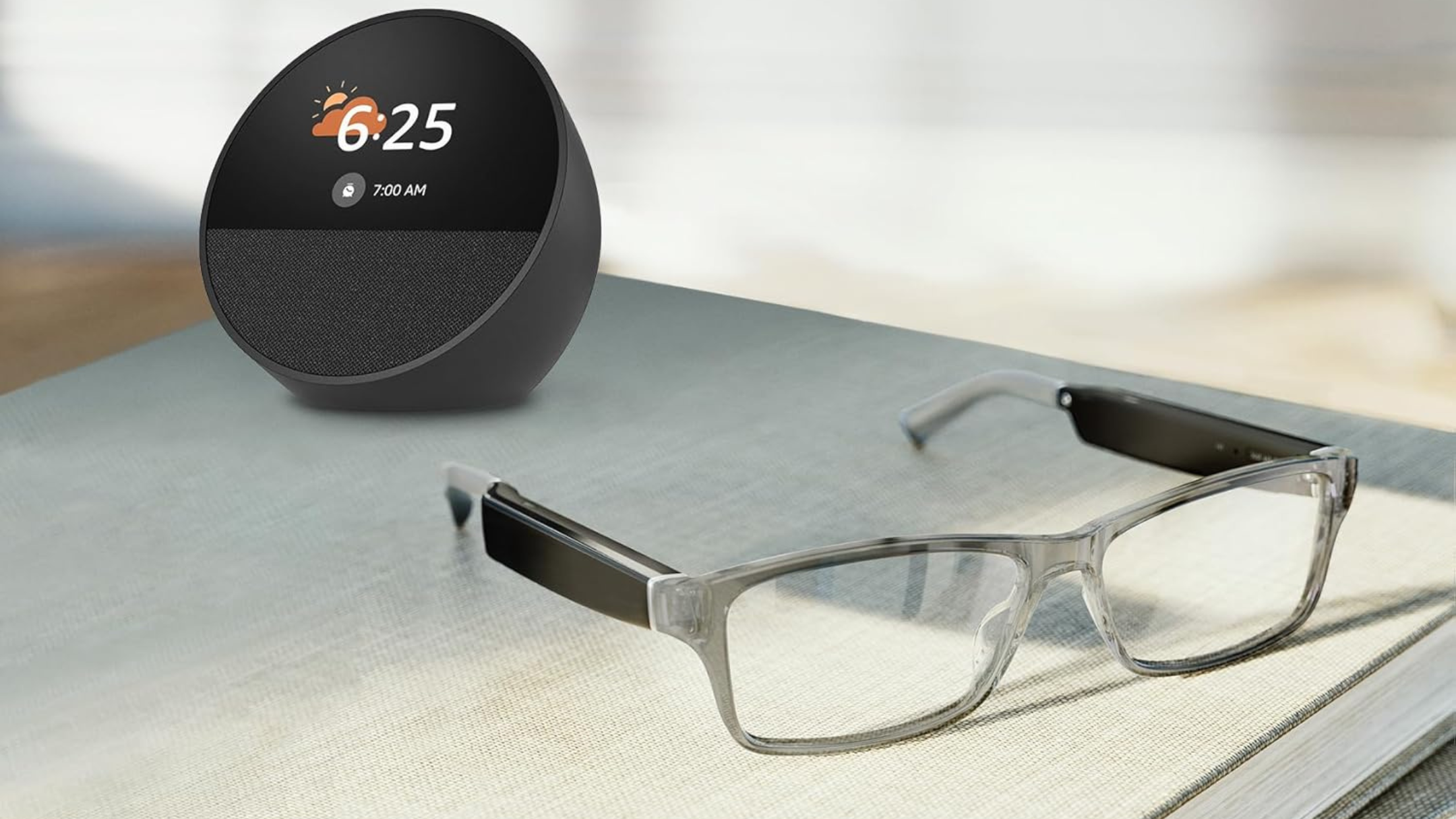 Amazon Echo Frames + Echo Spot on a desk