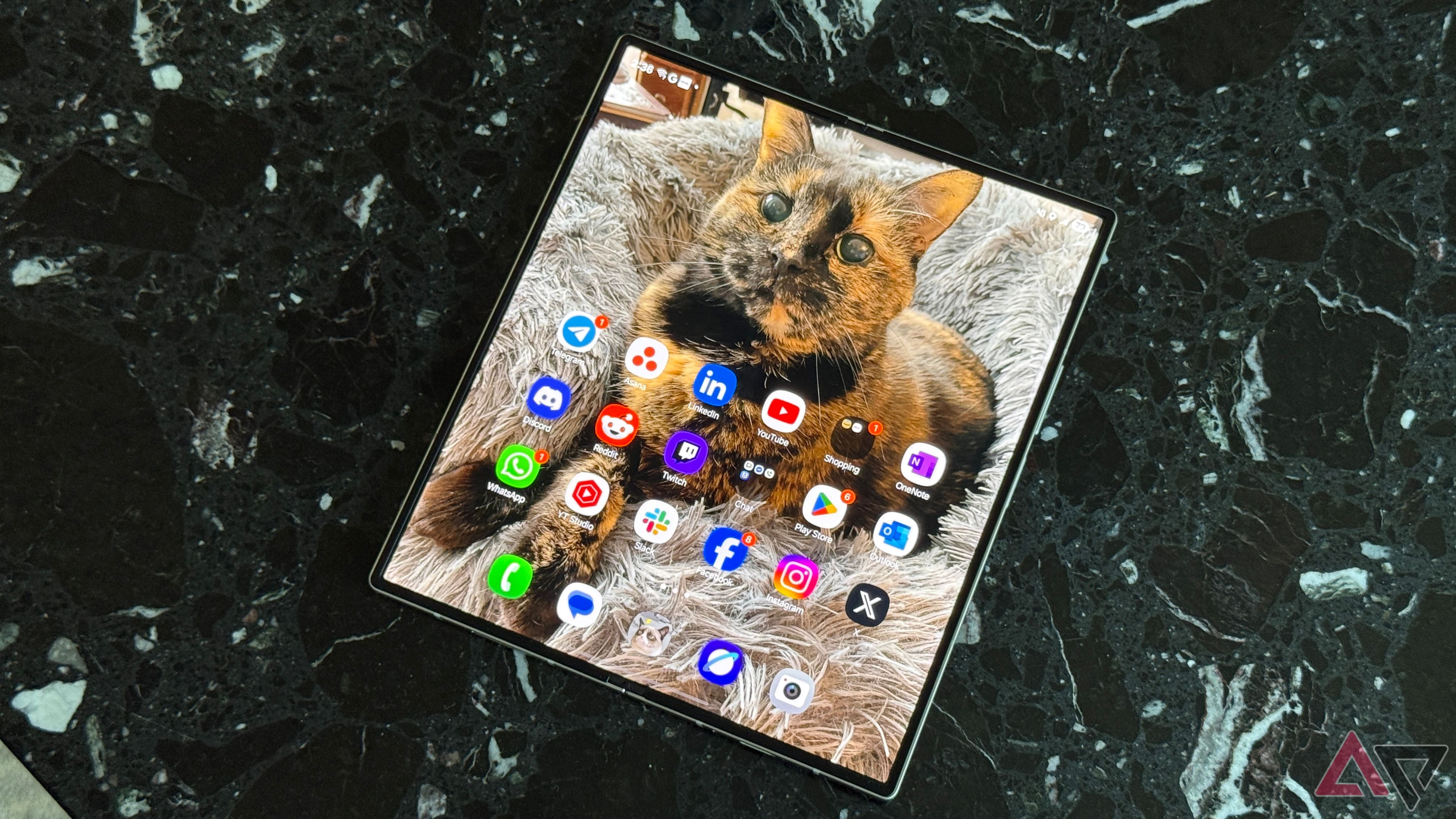 The Google Pixel 9 Pro sitting screen-up on a green rug. 