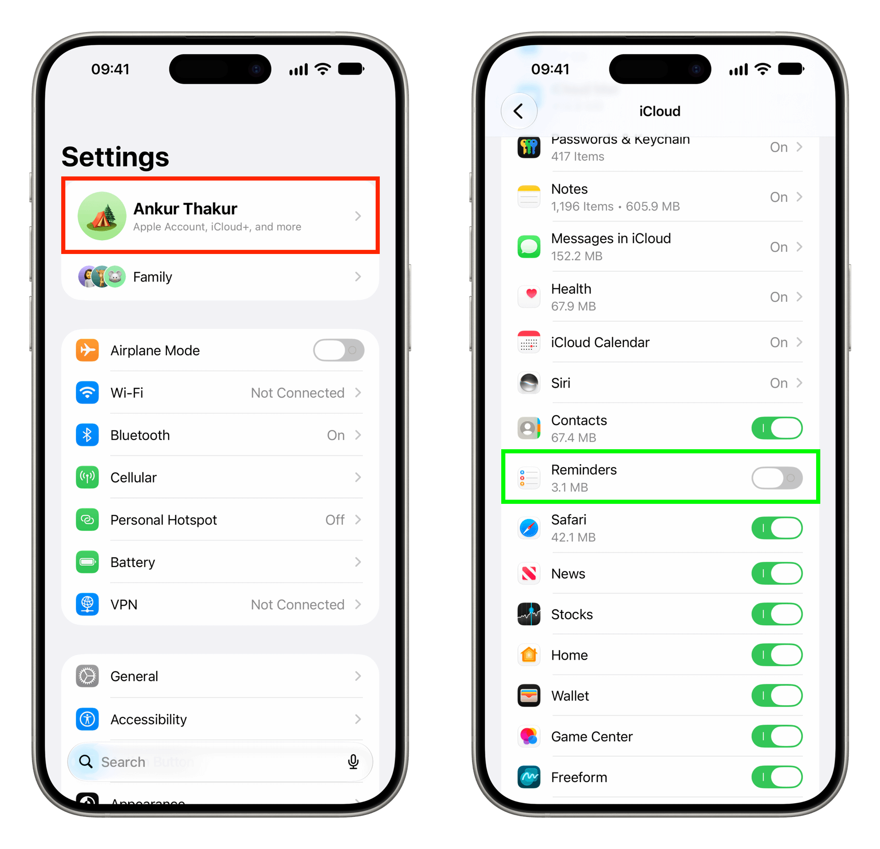 iPhone iCloud Reminders turned off