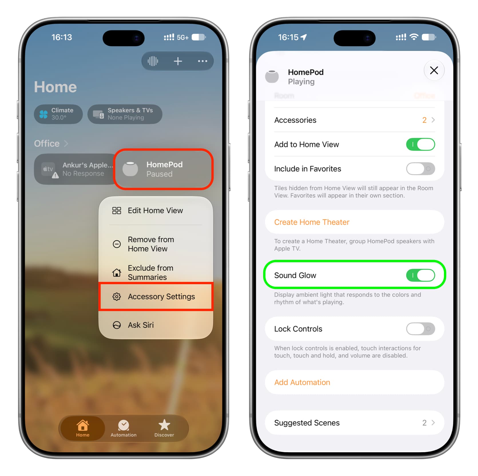 Turn on Sound Glow for HomePod in iPhone Home app