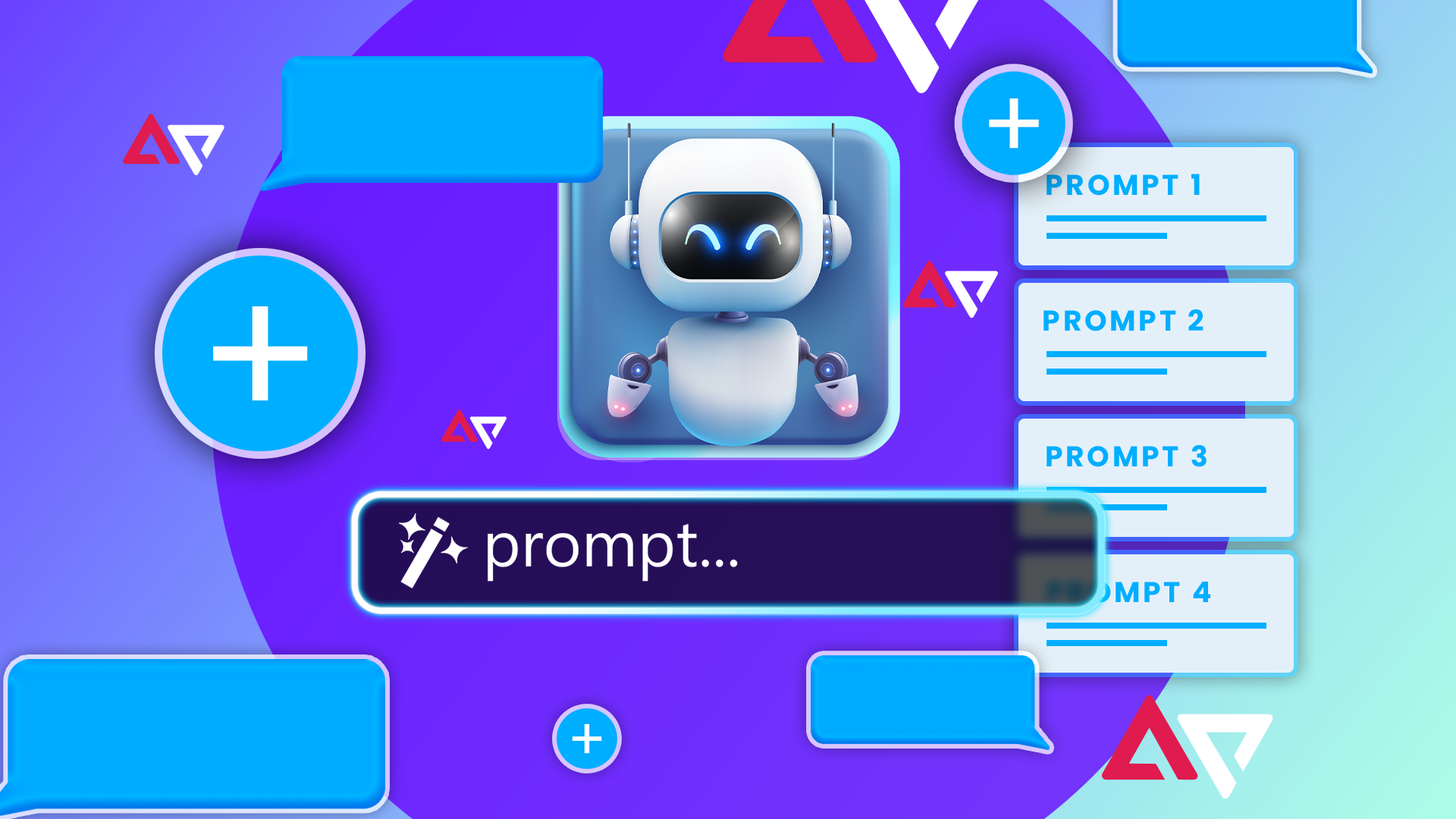 An AI robot with a prompt field below and message bubbles around it.