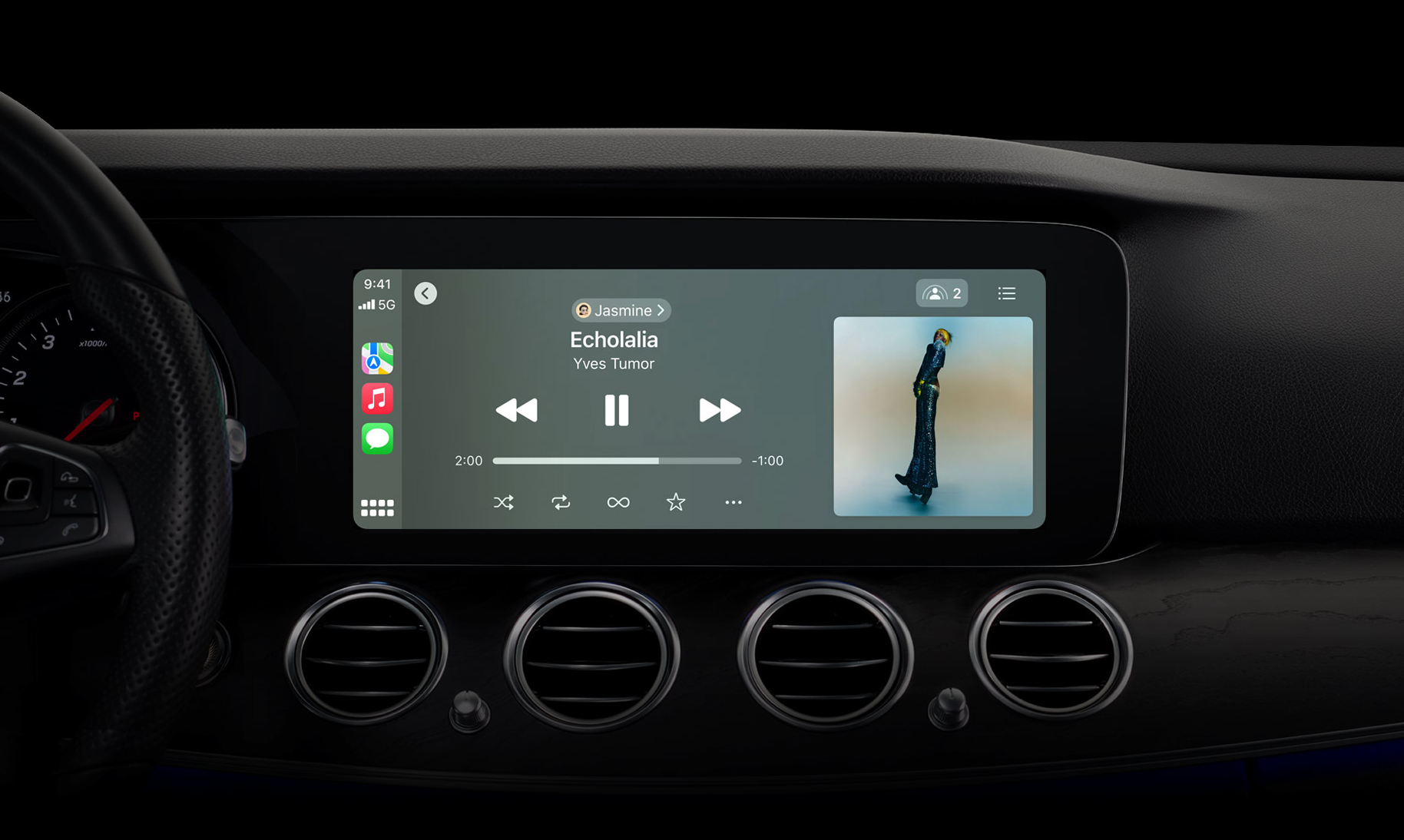 A vehicle's navigation display shows the iOS 17 update for Apple CarPlay 