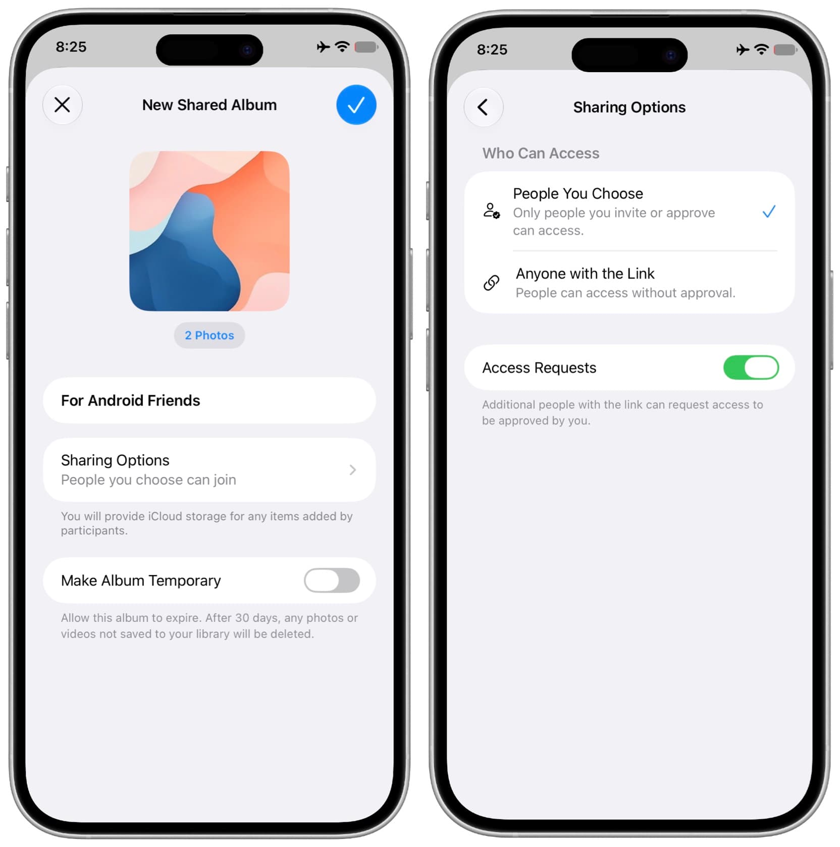 Creating shared iCloud album and setting its access level on iPhone