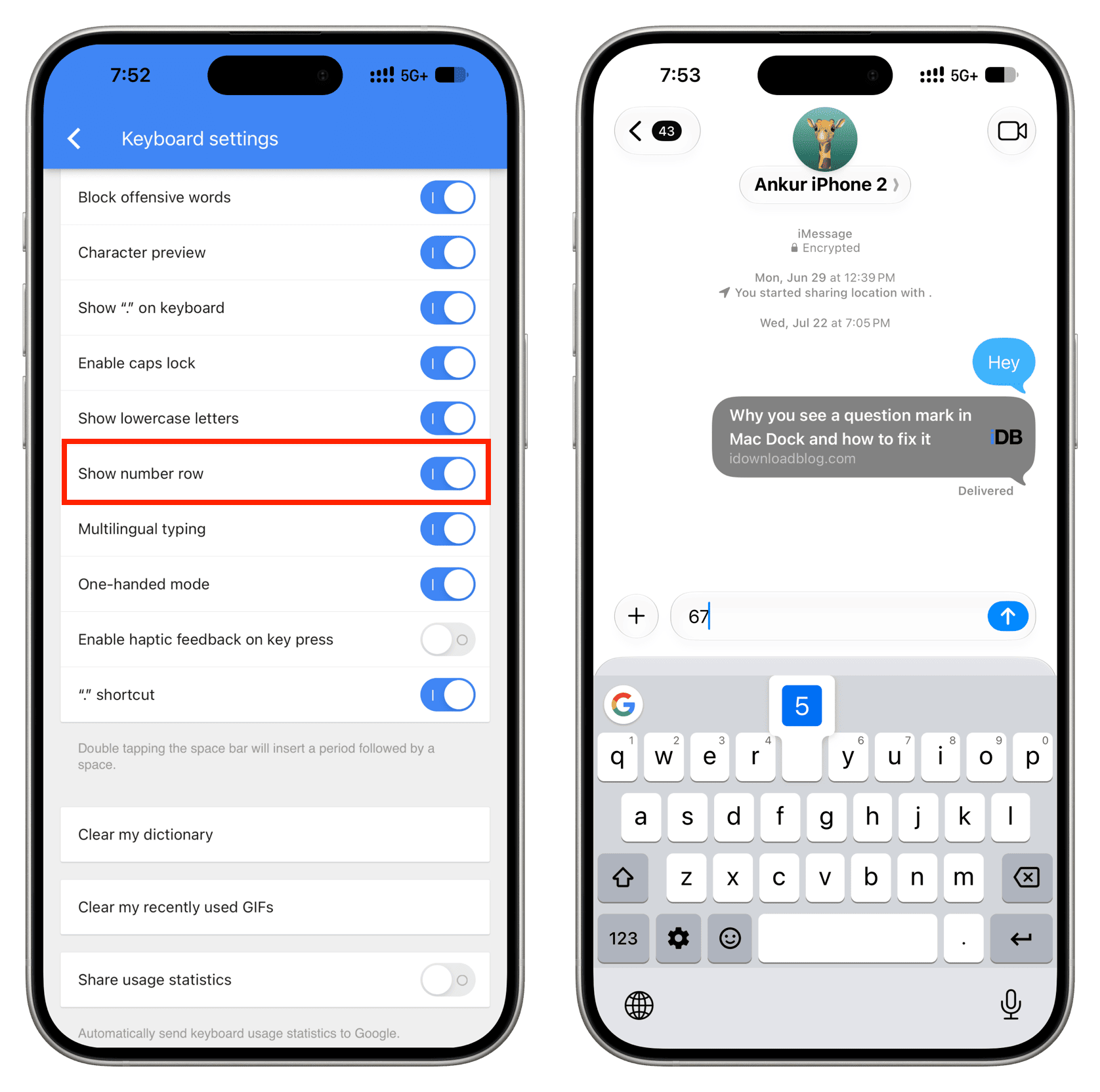 Number Row in Google Gboard keyboard app on iPhone