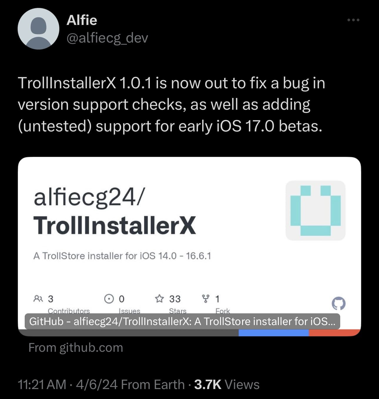 TrollInstallerX v1.0.1 announced.