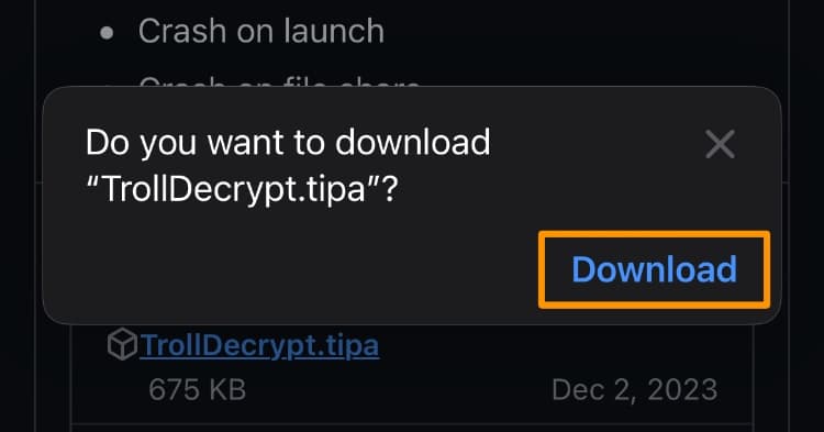 Download button after downloading a .tipa for TrollStore Lite.