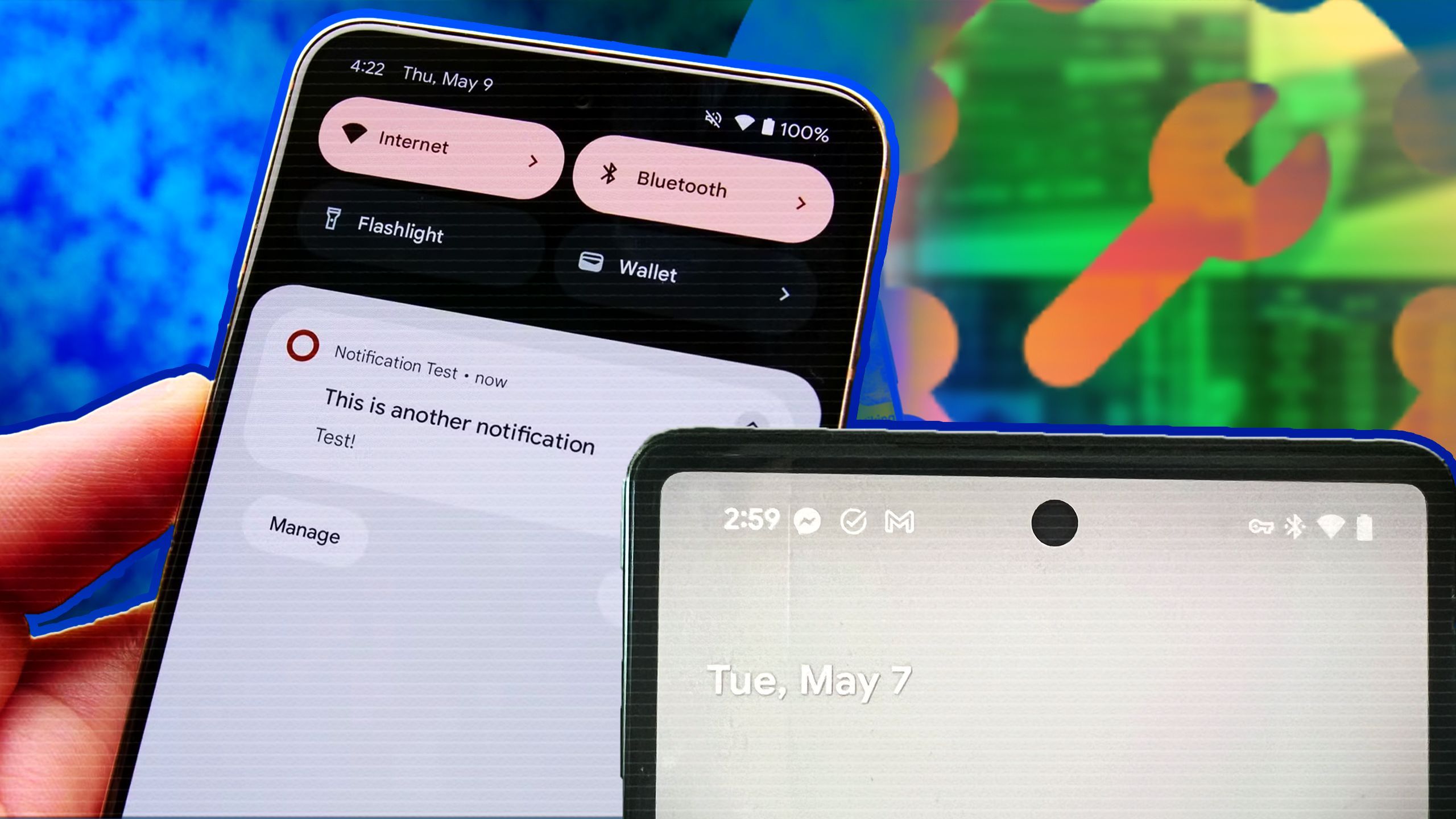 Two android devices showing notification prompts on a colorful background