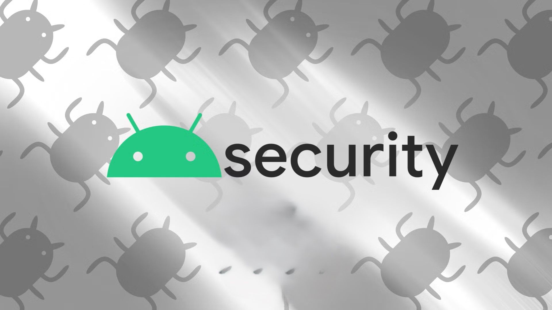 An Android logo against a silver background with cartoon bugs crawling across. 