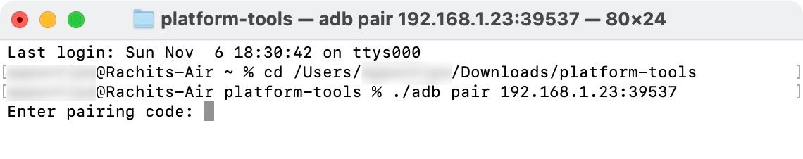 Entering the wireless paring code from the wireless debugging feature using a Mac
