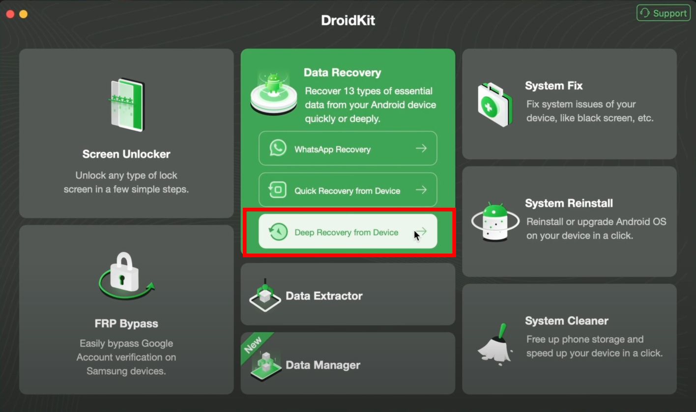 Screenshot of DroidKit's general user interface highlighting Deep Recovery from Device