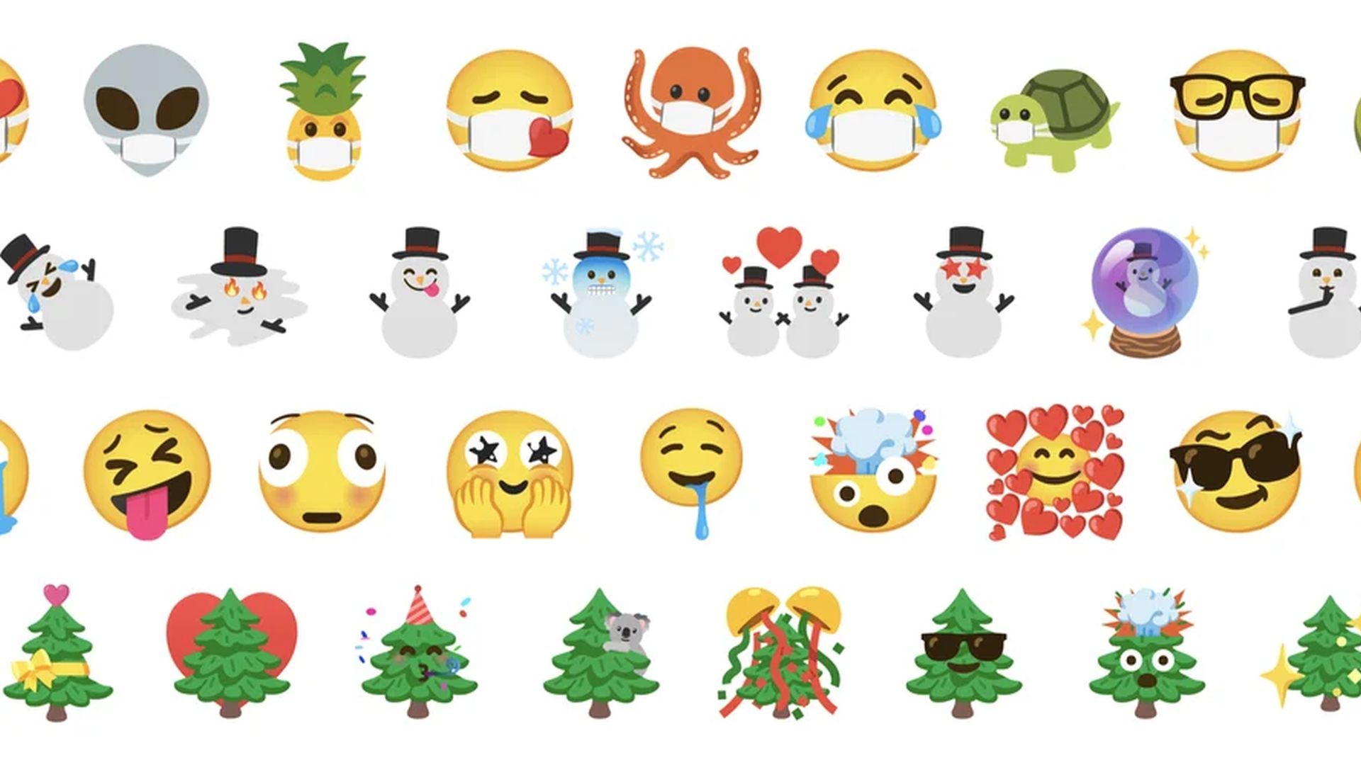 An array of emoji stickers made with Emoji Kitchen against a white background