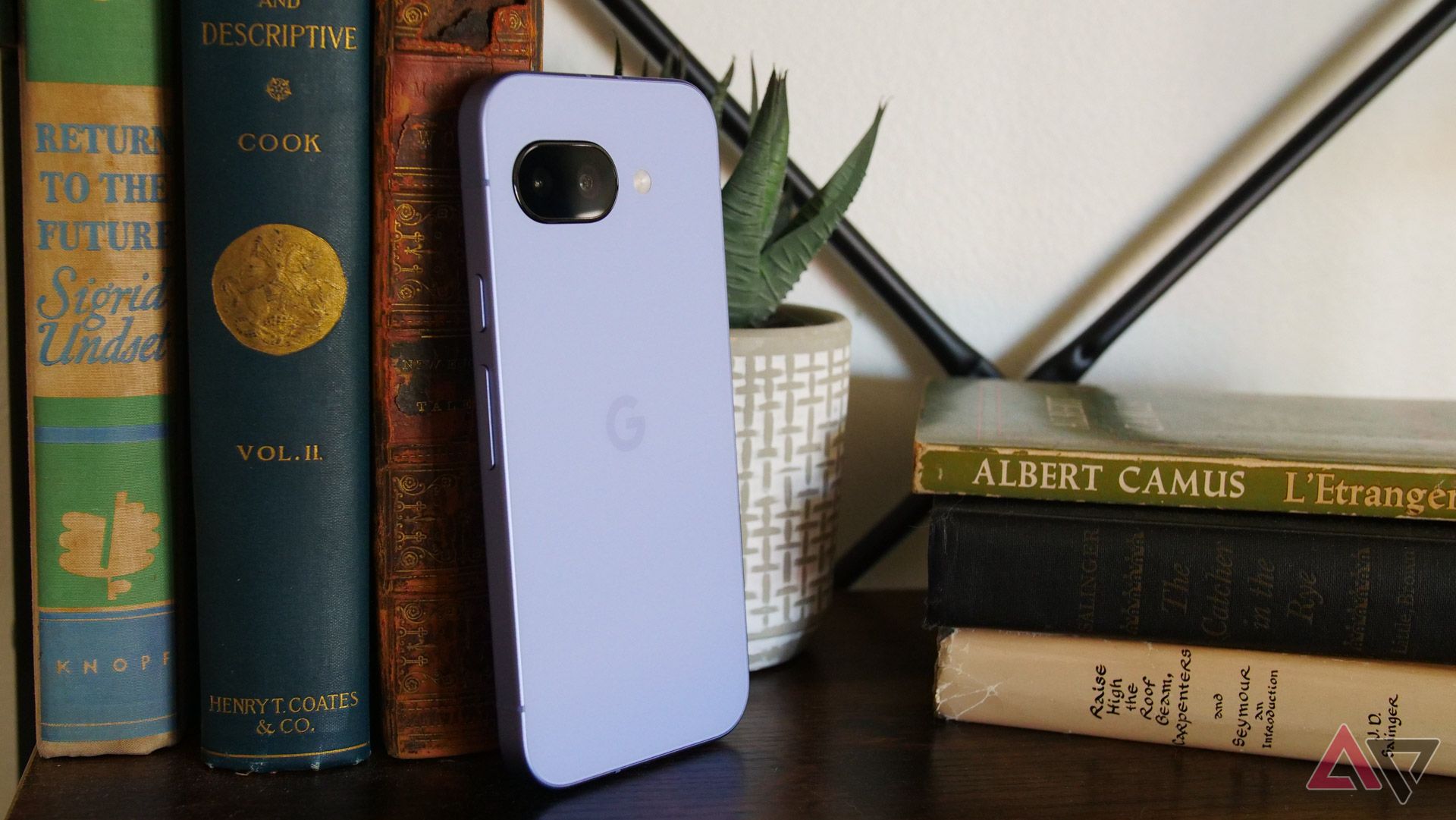 The Pixel 9a leaning against books