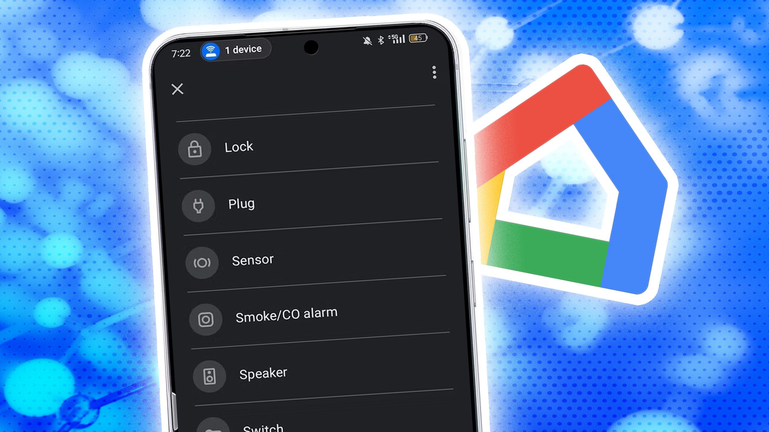 A graphic of a phone with a Google Home menu displayed on it.