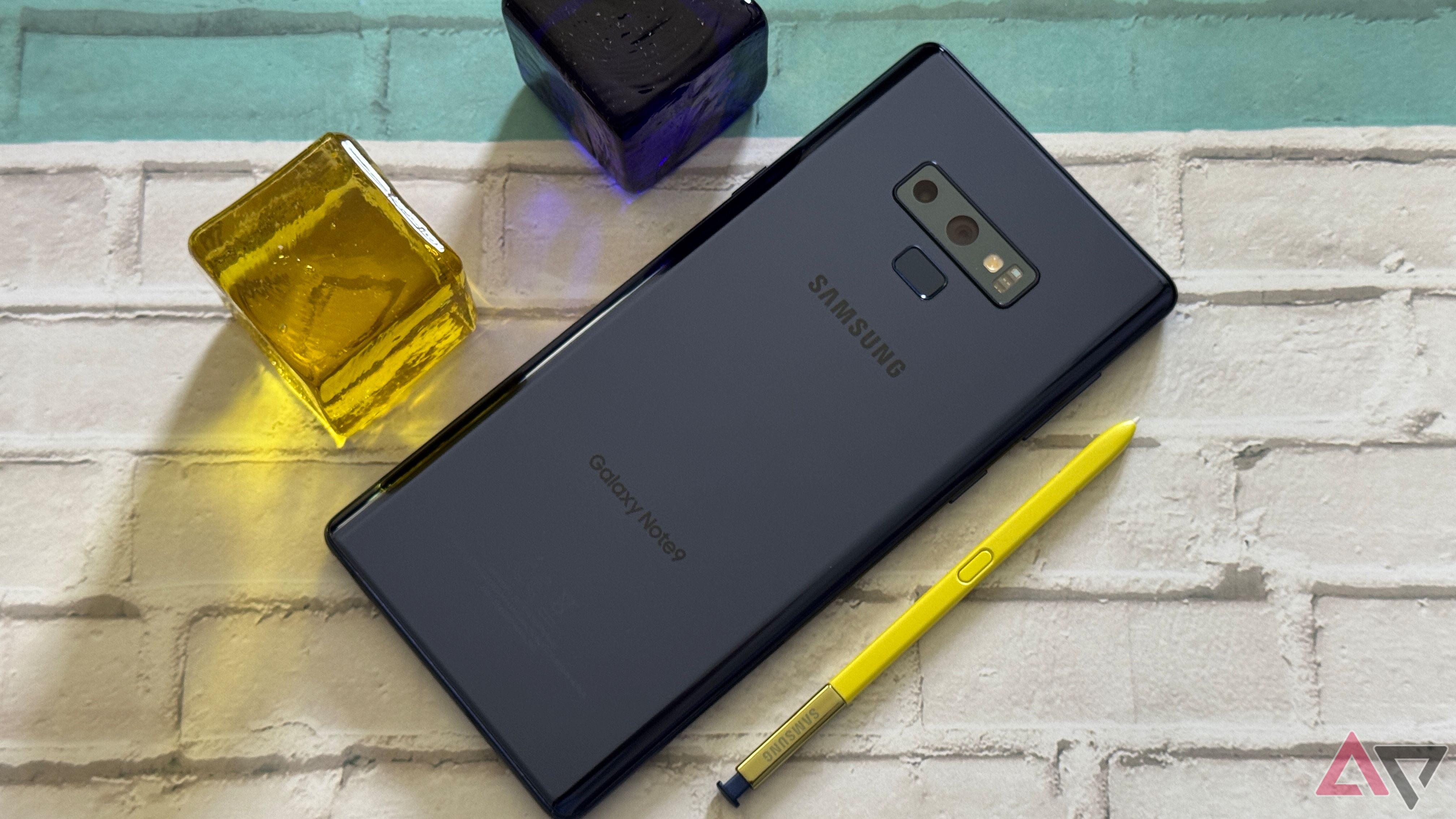 Samsung Galaxy Note 9 next to glass blocks