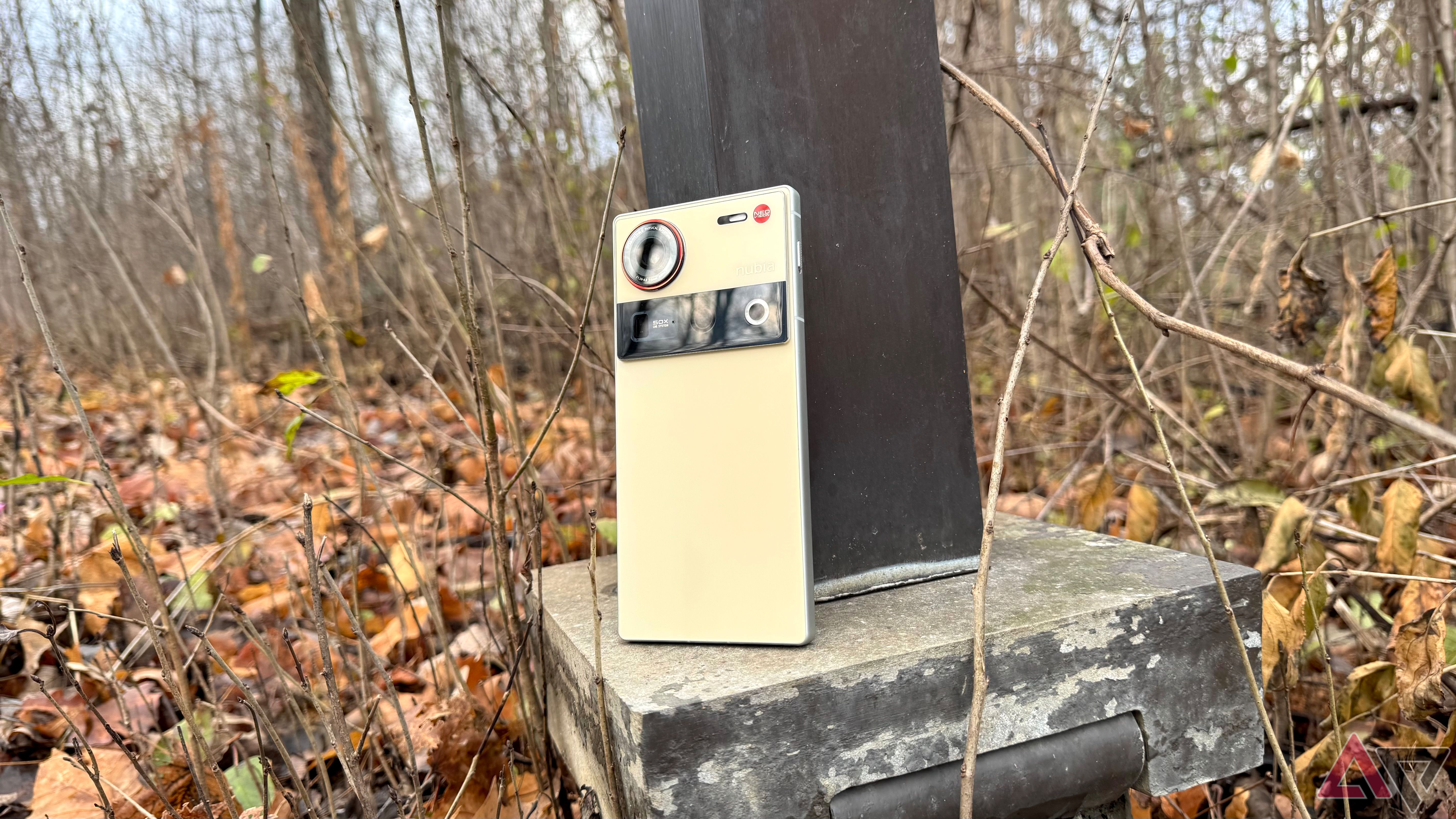 A Nubia Z70 Ultra leaning against a black lampost surrounded by fall leaves.