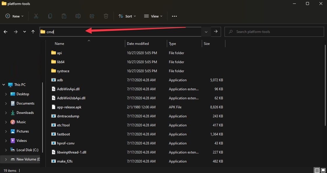 red rectangle outline over cmd in address bar in platform-tools command prompt in Windows