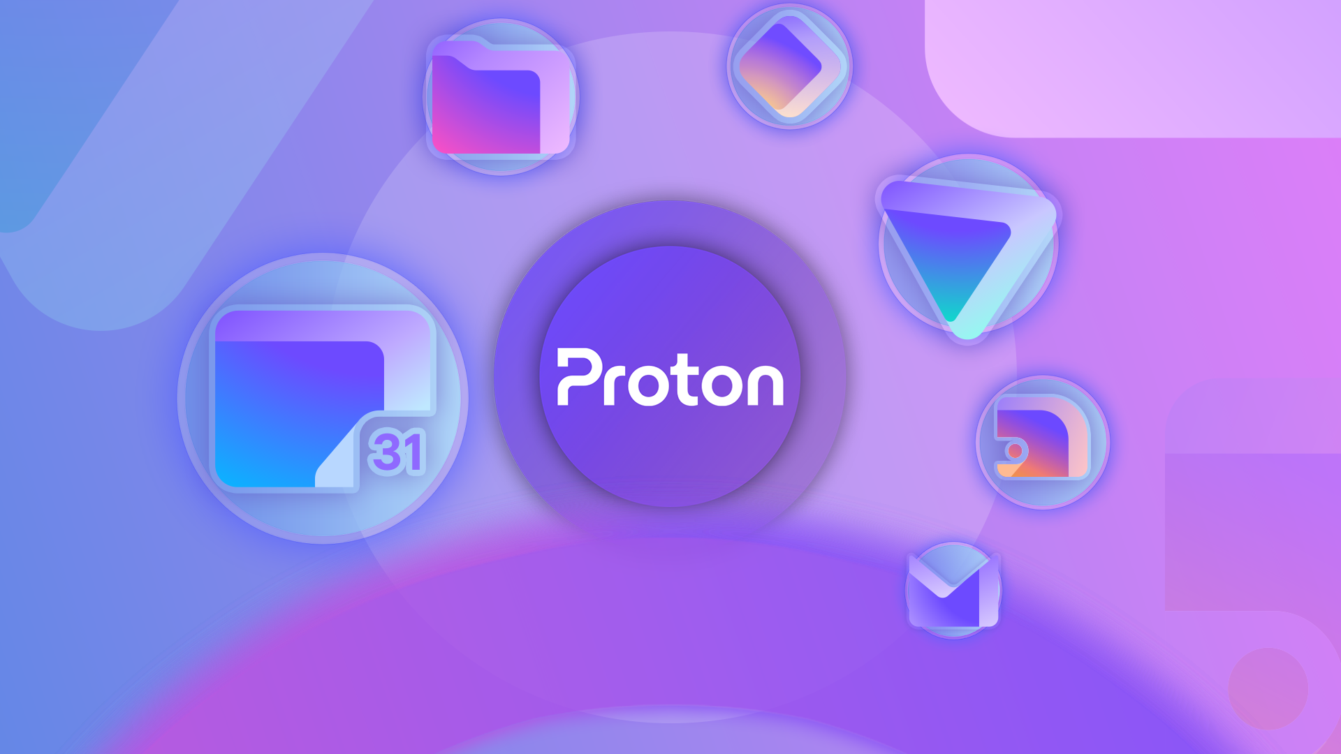 Proton logo in the center surrounded by the logos of Proton ecosystem apps.