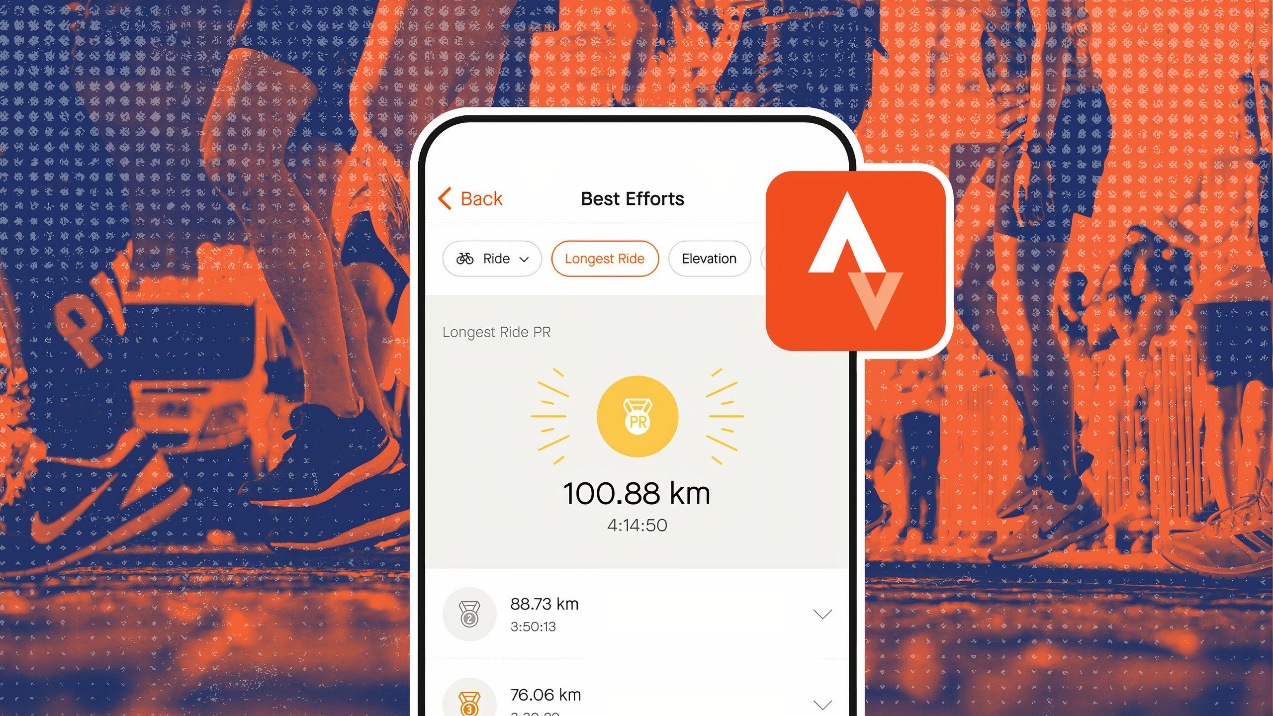 Screenshot of Strava app displaying a distance milestone overlaid on a photo of several people running