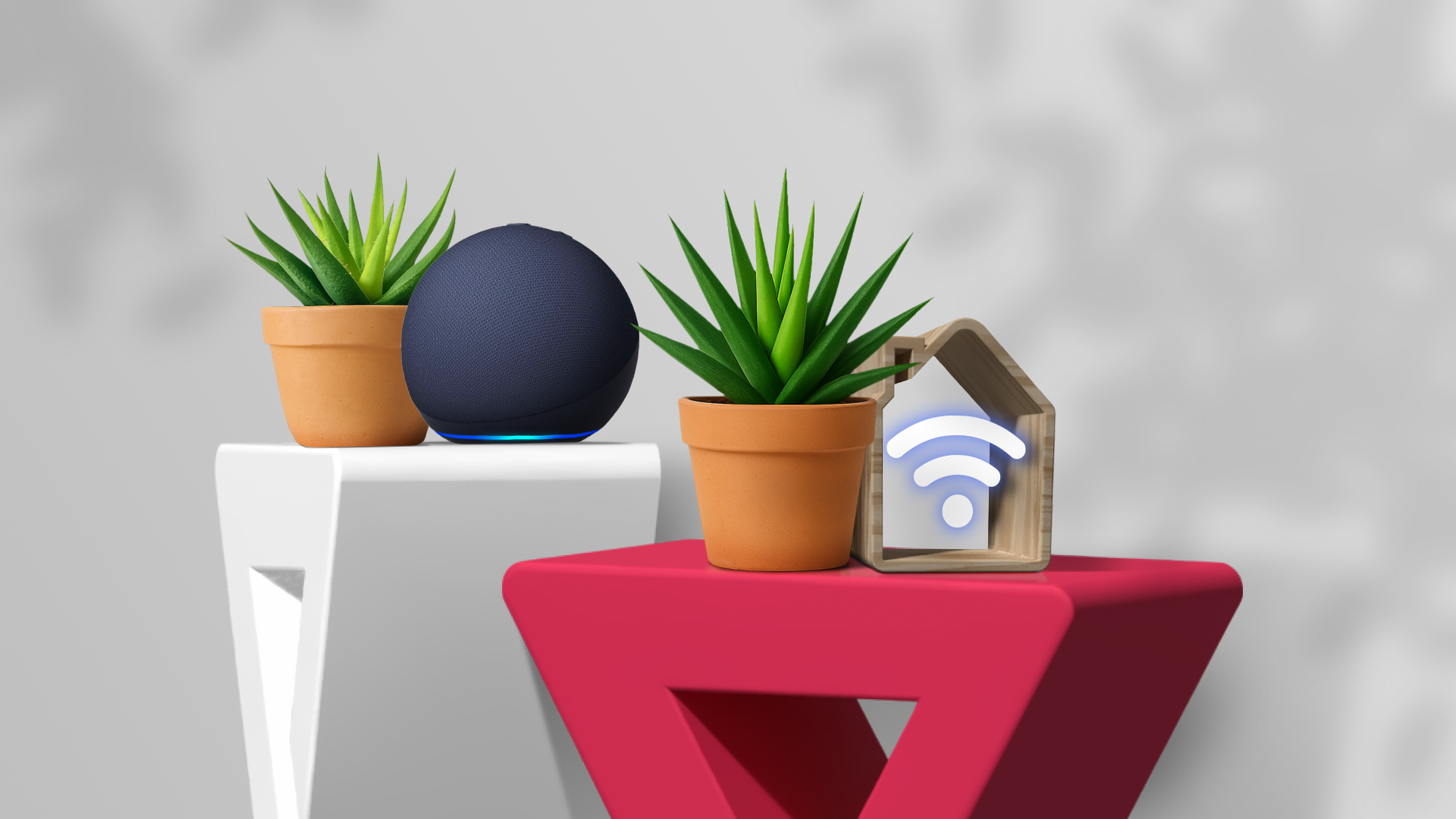 Two flower vases next to an Echo Dot and a smart home icon.