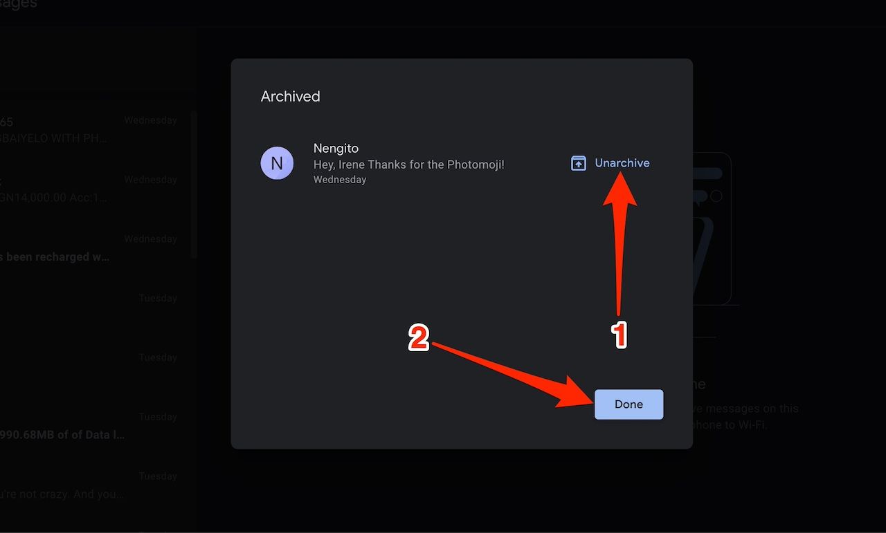 Screenshot showing the process of unarchiving texts in Google Messages web version