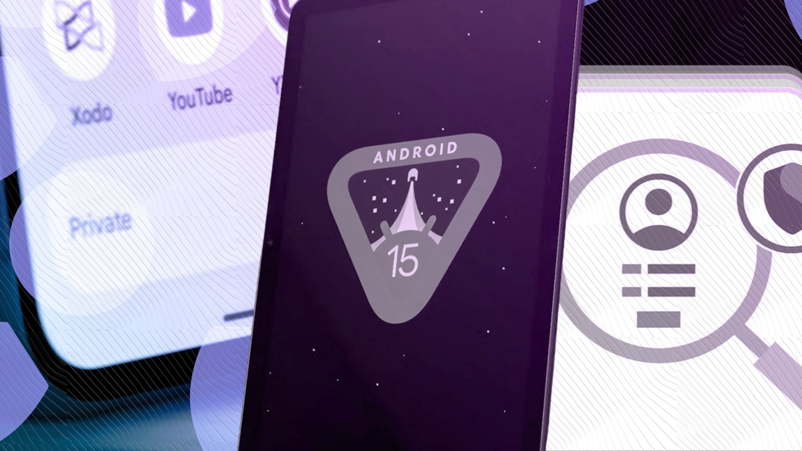 A photo illustration of a phone with the Android 15 logo against a light purple background with apps