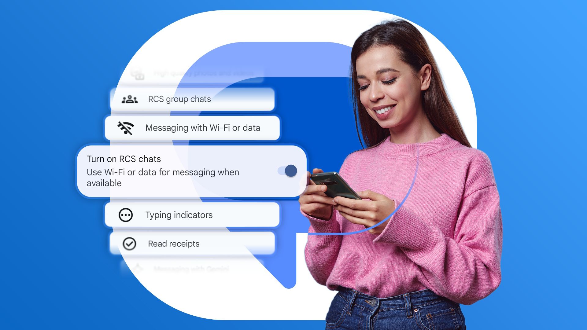 Some series recommendations with a reset button above showing a woman messaging on her phone with RCS enabled and the Google Messages logo in the background.