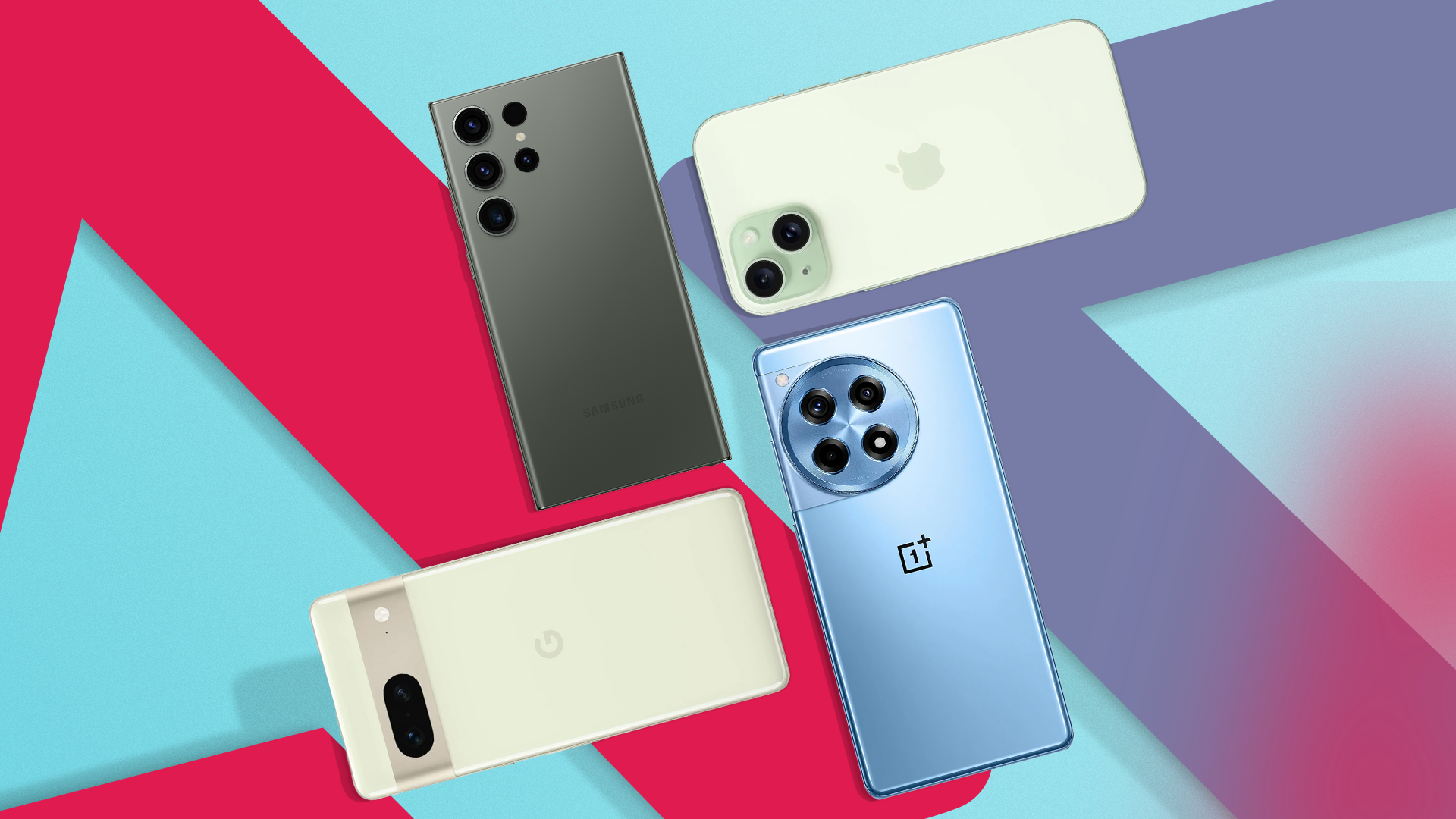 A Galaxy S23 Ultra, an iPhone 15, a Google Pixel 7, and a OnePlus 12R side by side.