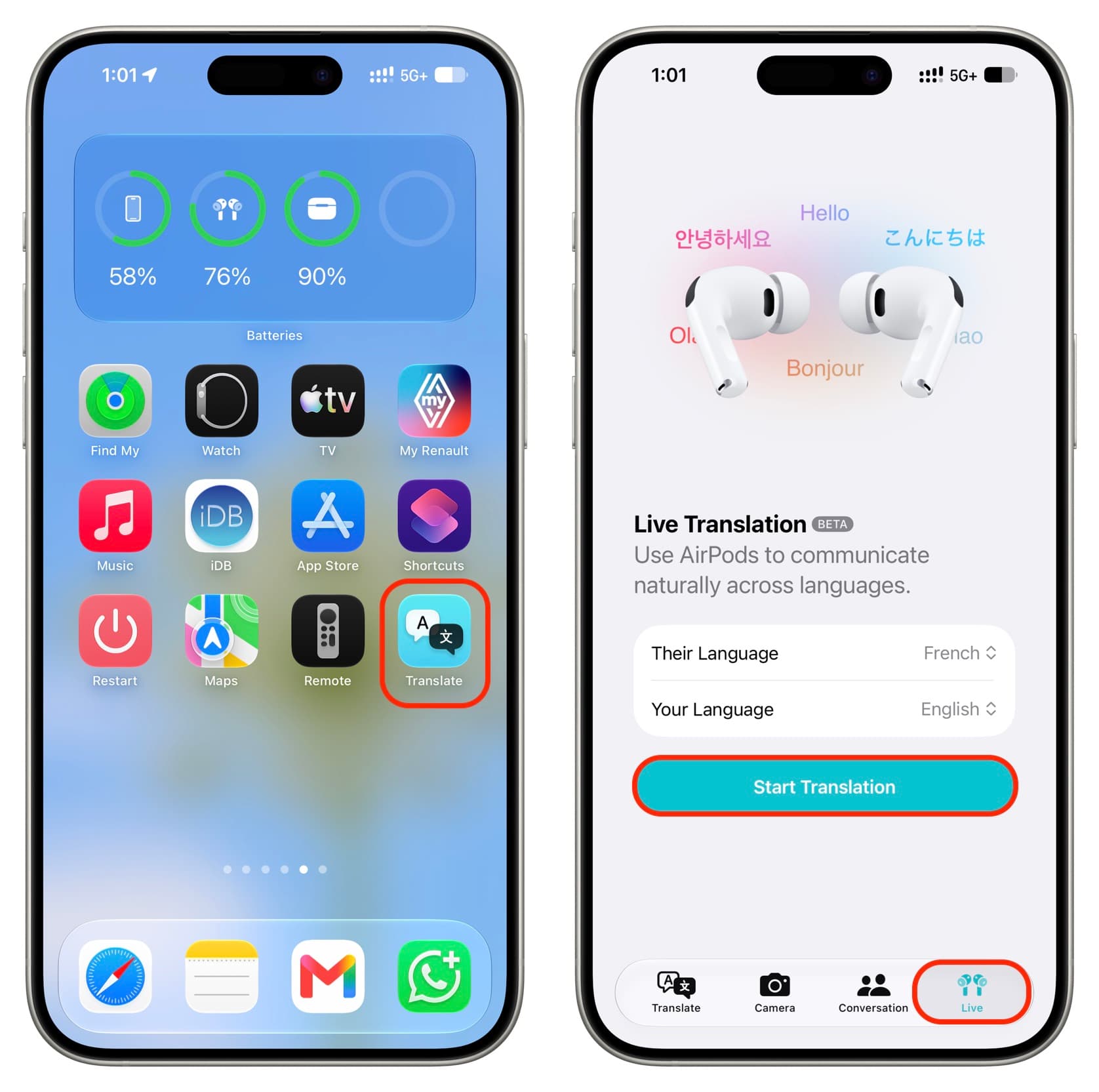 Starting live translation in Apple Translate app on iPhone