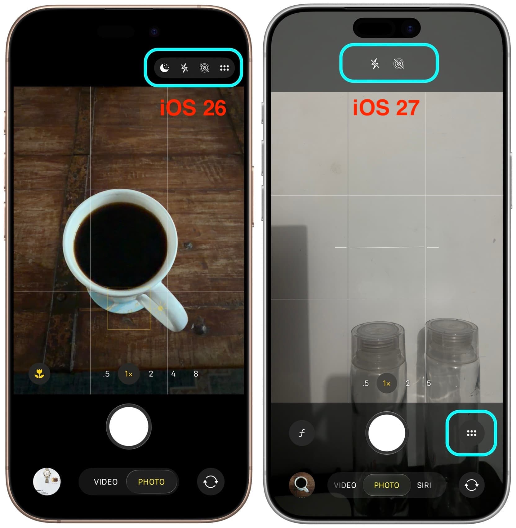 Top row of Camera controls in iOS 26 and iOS 27 on iPhone