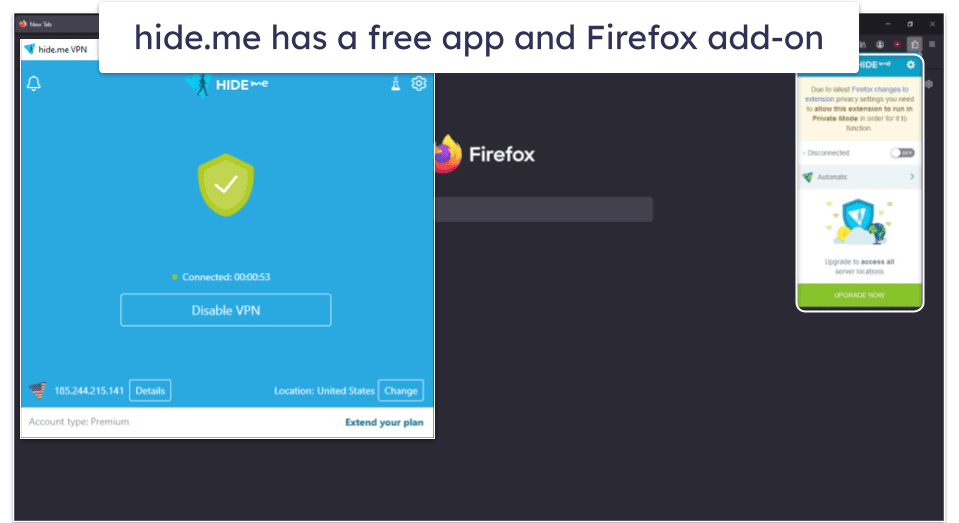 🥉3. hide.me — Free Firefox App & Proxy Add-On + Good Server Coverage