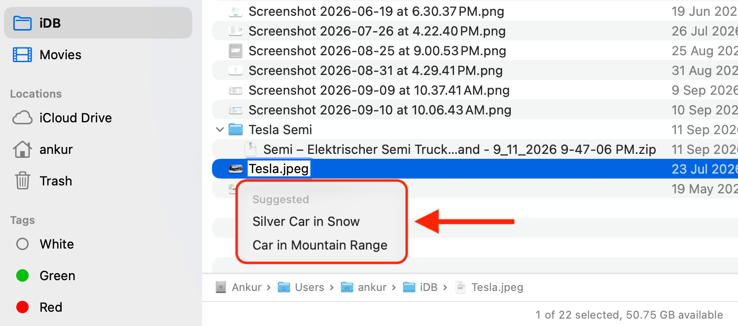 Suggested file names in macOS 27 Golden Gate