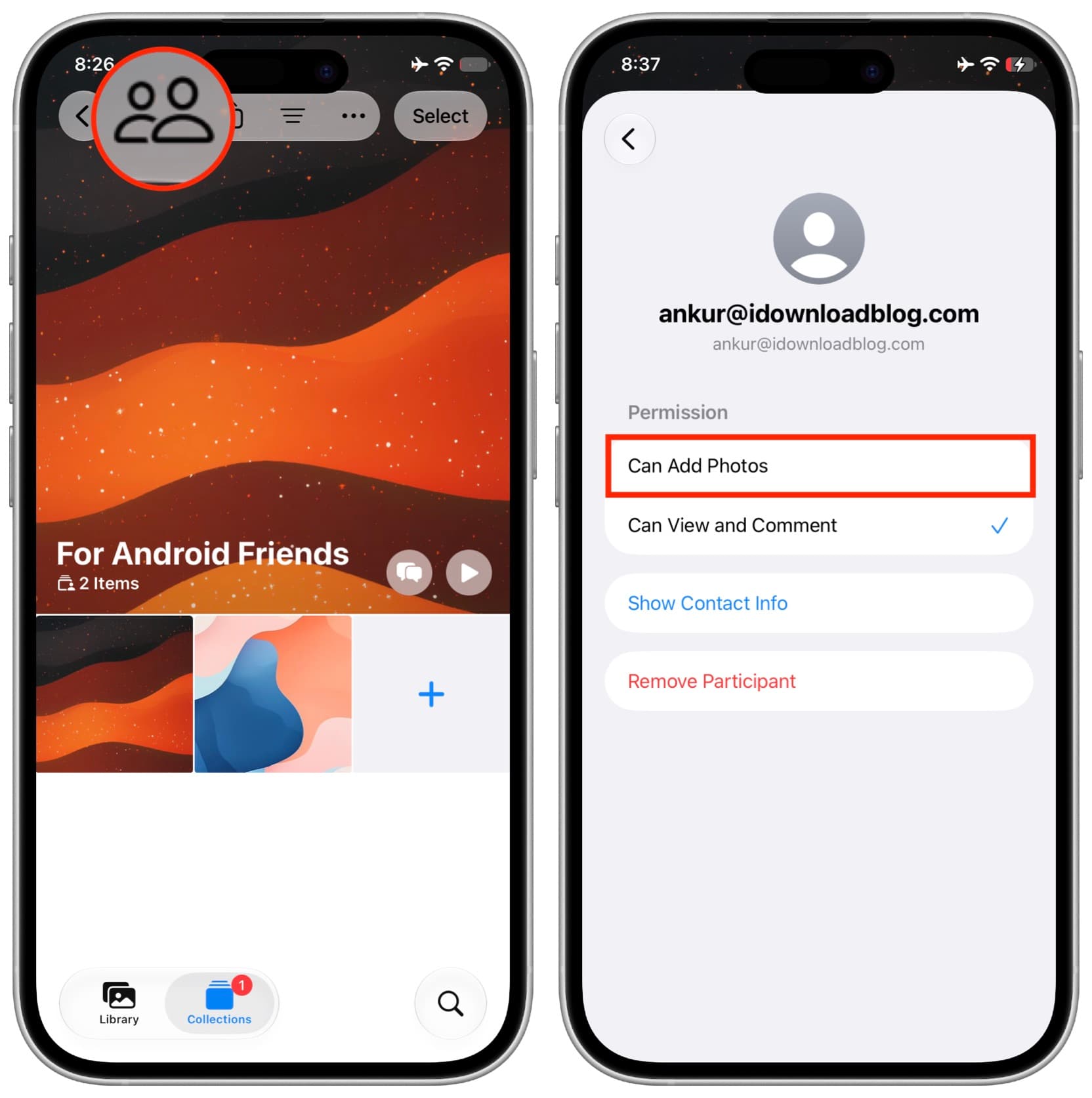 Managing iCloud shared album permission for Android user on iPhone