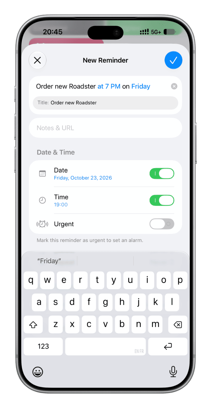 Adding new reminder task by typing in natural language on iPhone