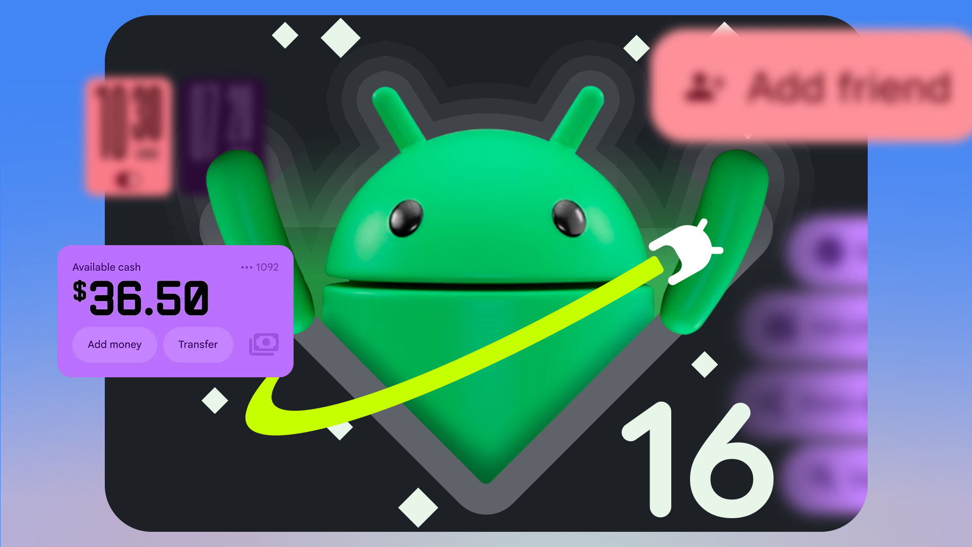 Android 16 logo, with Android mascot at the center and some Material 3 Expressive components around it