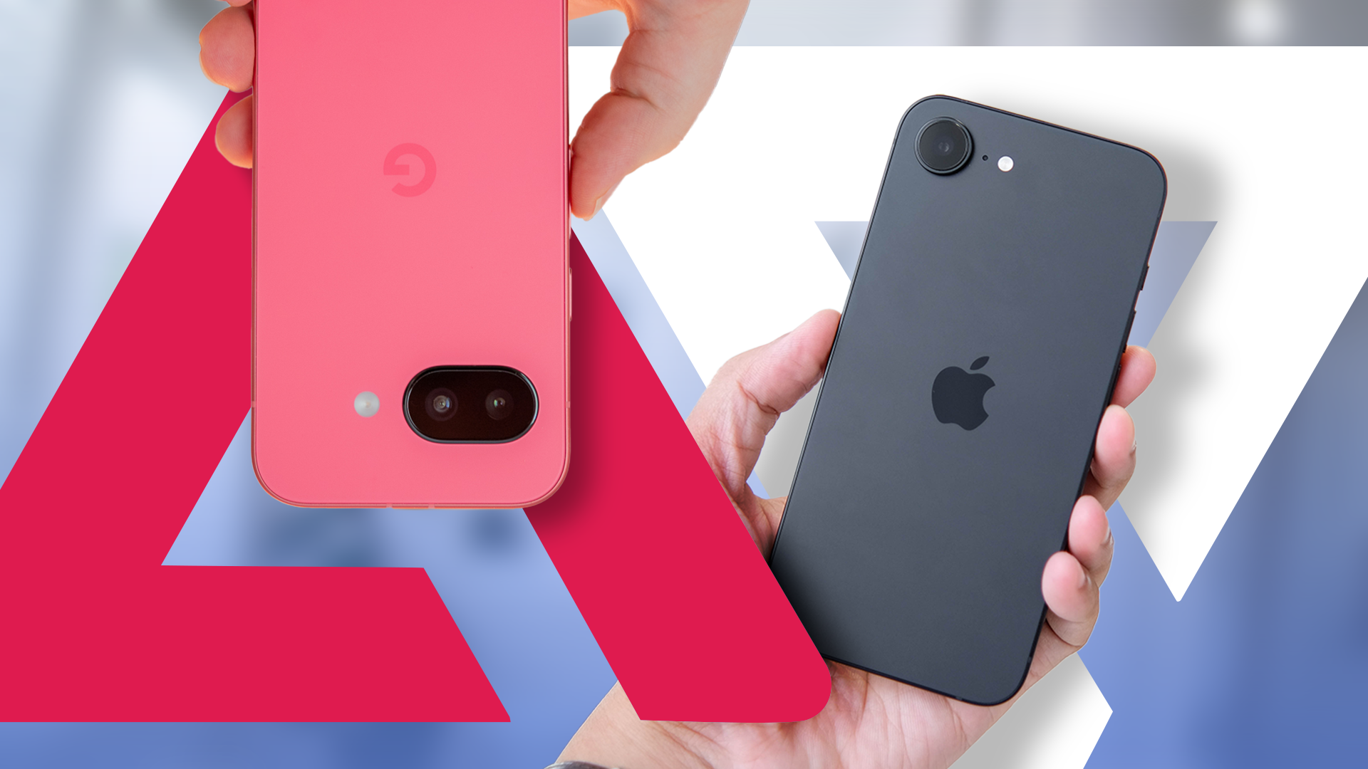 A Google Pixel 9a next to an iPhone 16e held in hands with the AP logo behind it.