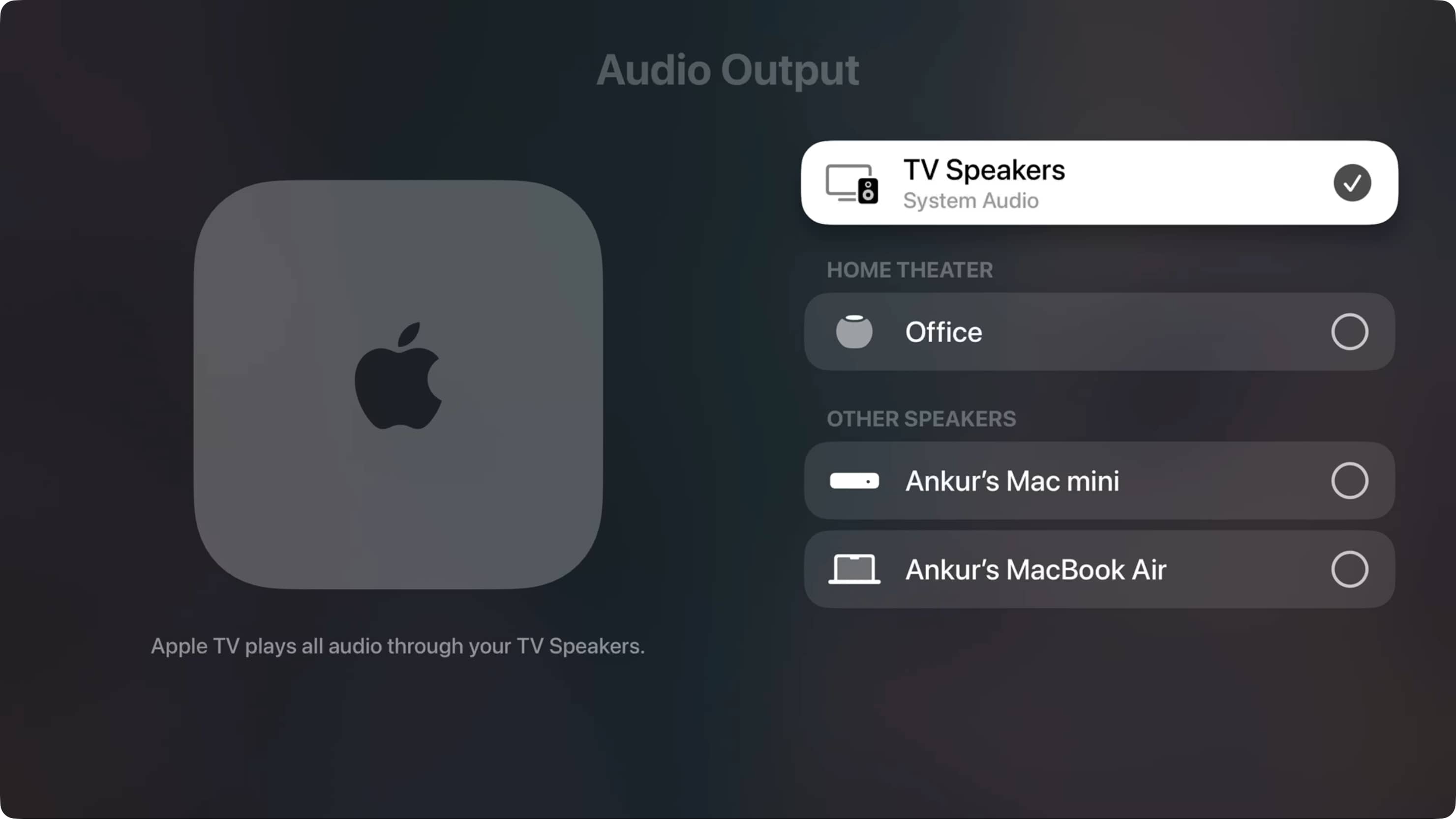 TV Speakers set as default speaker for Apple TV