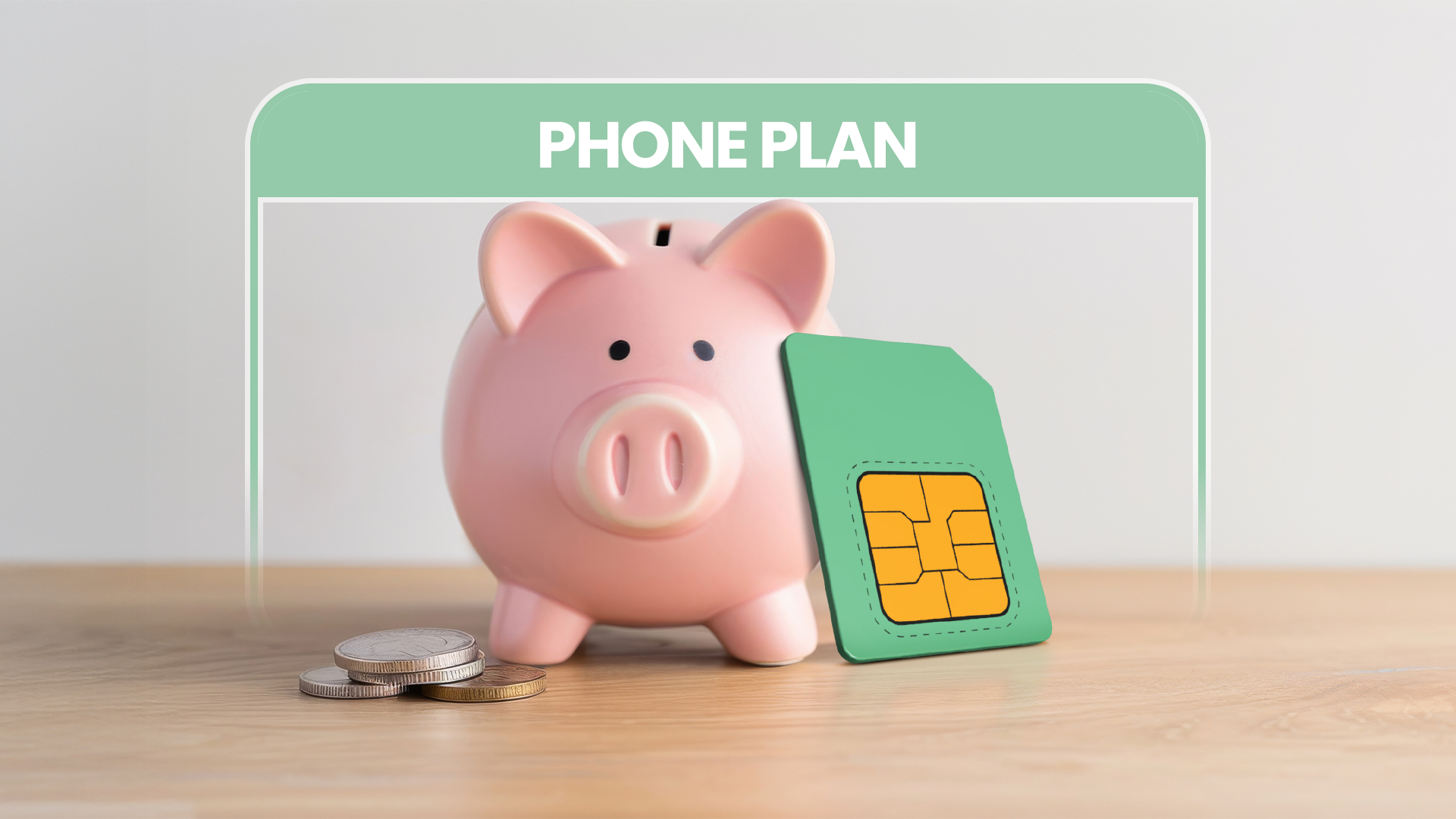 A piggy bank with some coins on the left and a sim card on the right.