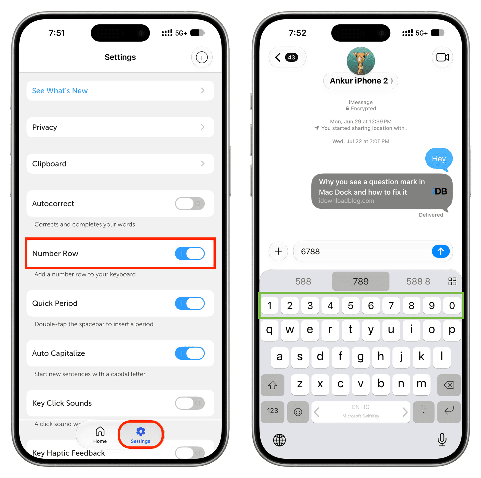 Number Row in SwiftKey app keyboard on iPhone
